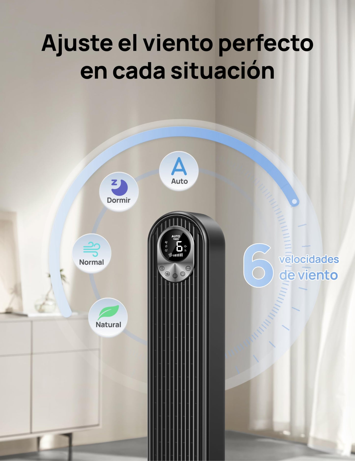 Ventilador de Torre Silencioso de 50 W con Control Remoto, Oscilación de 90°, 6 Velocidades, 4 Modos y Temporizador de 12 Horas – Color Negro