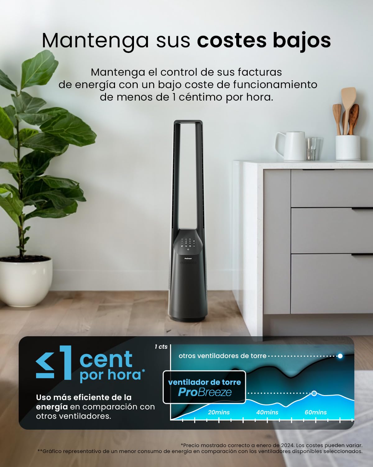 Ventilador de Torre sin Aspas 101 cm con Control Remoto, 6 Velocidades, 5 Modos, Oscilación 60° y Temporizador – Pro Breeze PB-F20, Negro