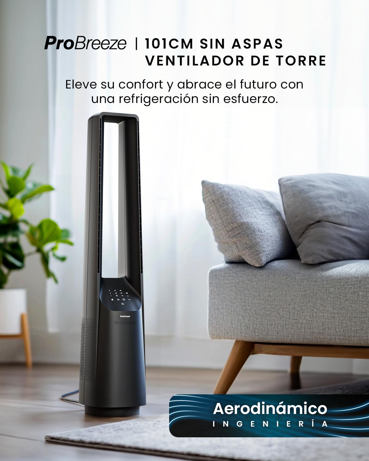 Ventilador de Torre sin Aspas 101 cm con Control Remoto, 6 Velocidades, 5 Modos, Oscilación 60° y Temporizador – Pro Breeze PB-F20, Negro