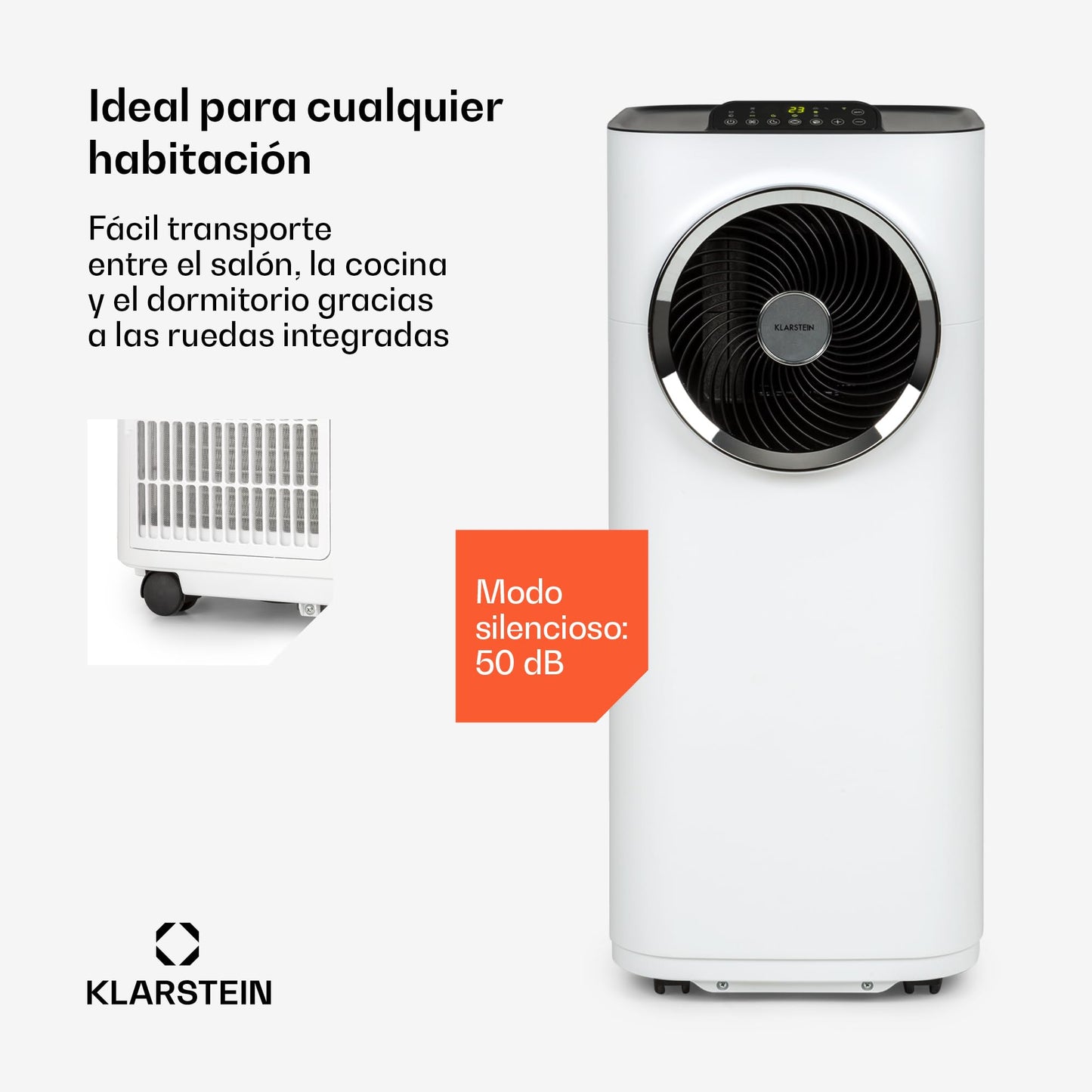 Aire Acondicionado Portátil 12.000 BTU con Control por App y Alexa, Deshumidificador, Modo Nocturno y Temporizador 24 h – Klarstein Kraftwerk Smart 12K, Blanco