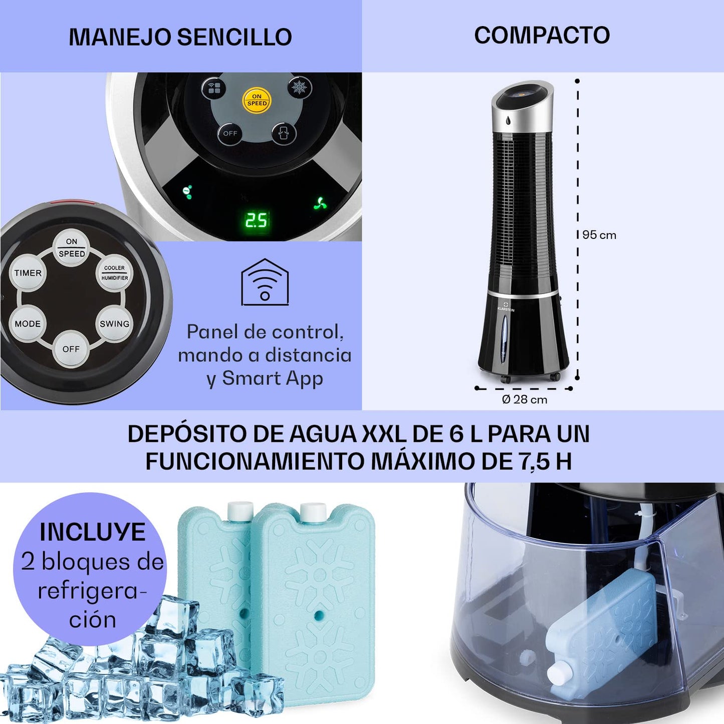 Climatizador Evaporativo 4 en 1 con Control App y Alexa, 210 m³/h, Tanque de 6 L, Oscilación Automática, Ionizador – Color Negro