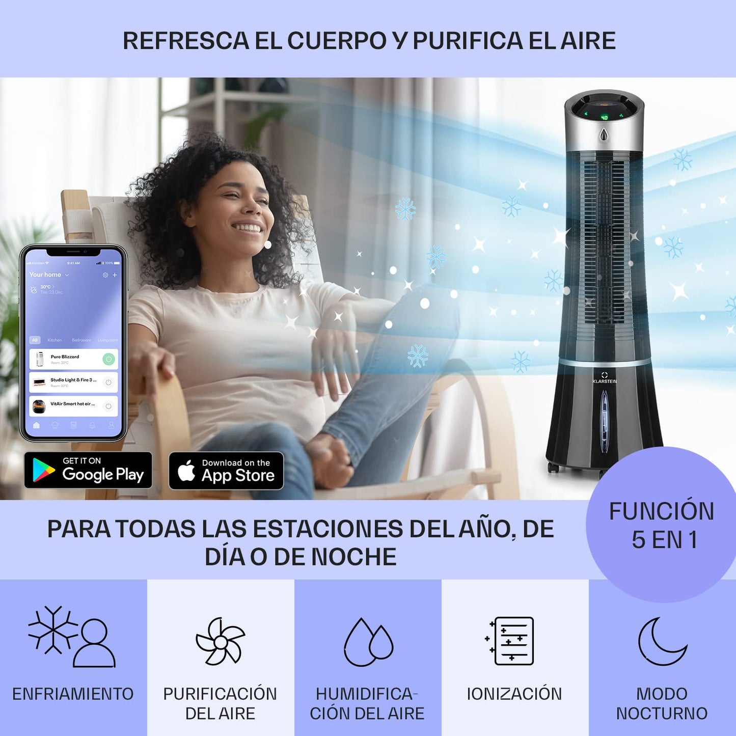 Climatizador Evaporativo 4 en 1 con Control App y Alexa, 210 m³/h, Tanque de 6 L, Oscilación Automática, Ionizador – Color Negro