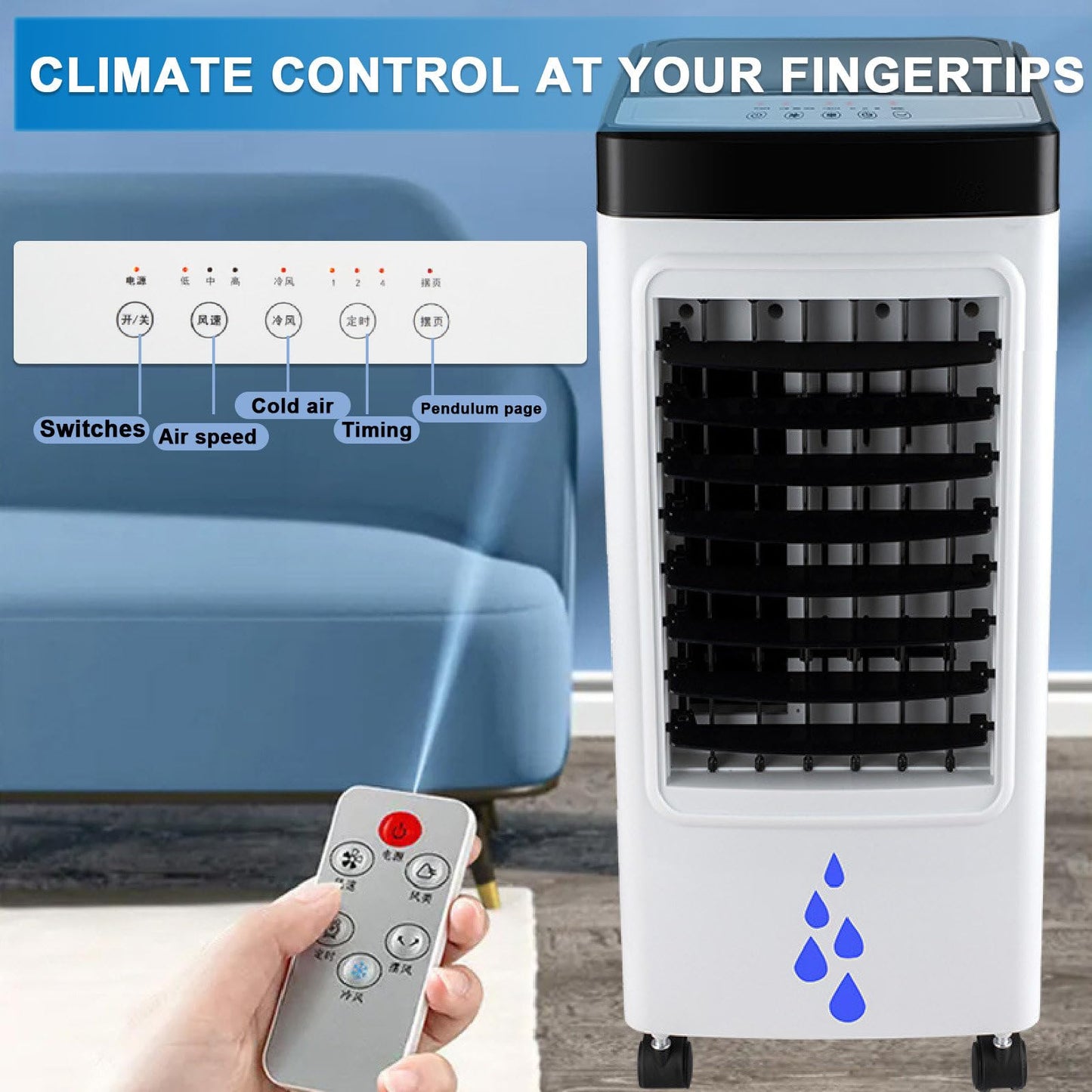 Climatizador Evaporativo Portátil 3 en 1 de 65 W con Control Remoto, Tanque Extraíble de 6 L, 4 Acumuladores de Hielo y Temporizador