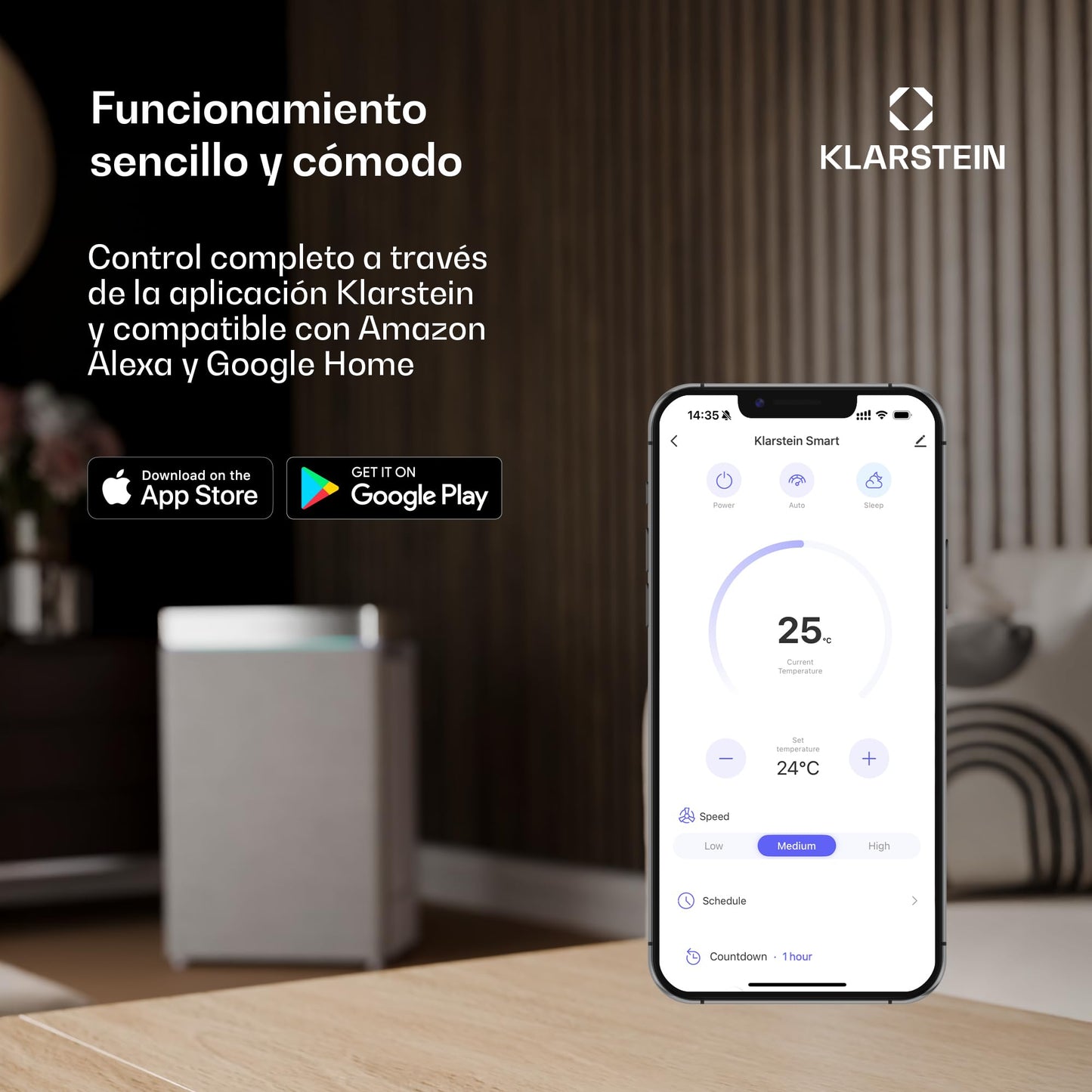 Aire Acondicionado Portátil 12.000 BTU con Control por App y Alexa, Deshumidificador, Modo Nocturno y Temporizador 24 h – Klarstein Kraftwerk Smart 12K, Blanco