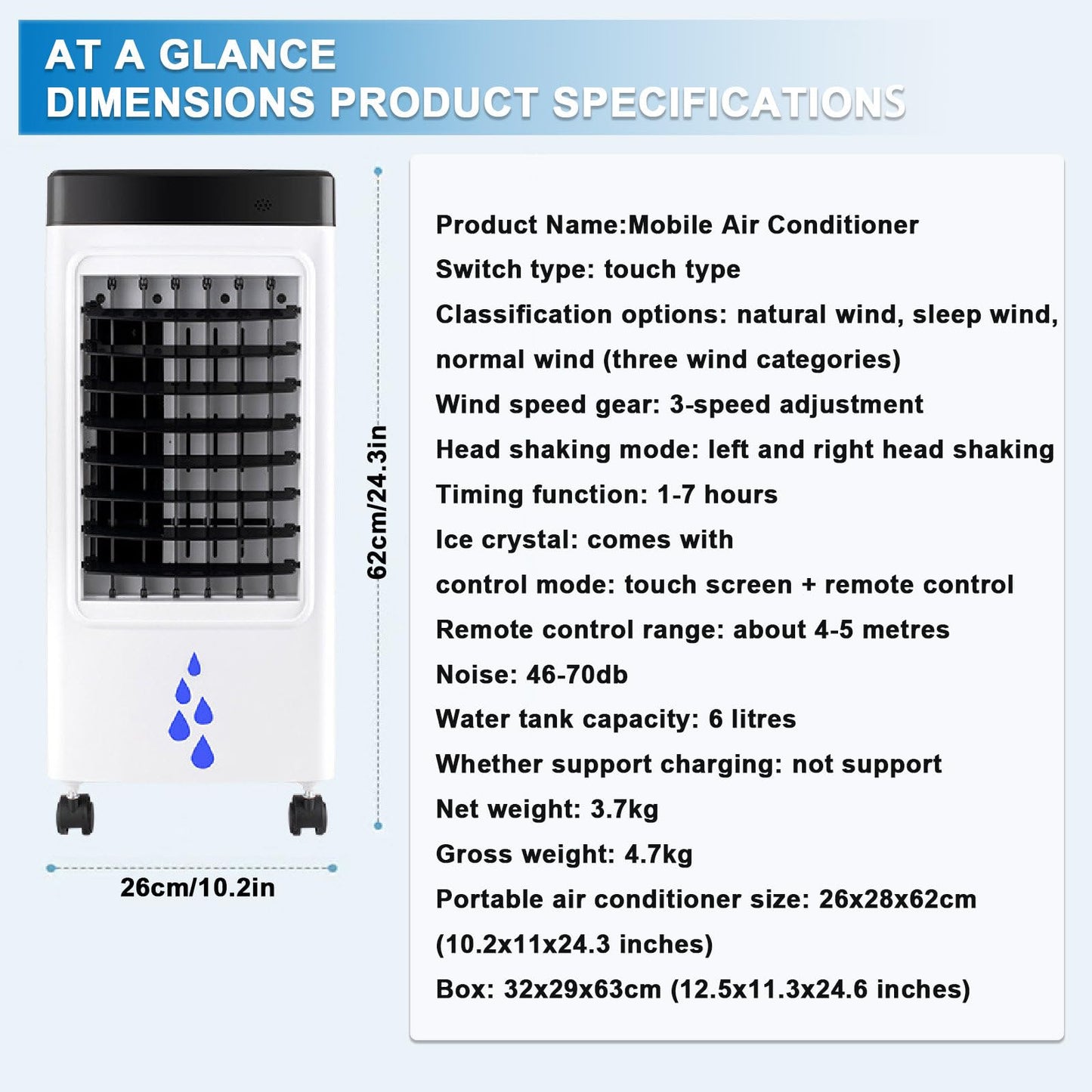 Climatizador Evaporativo Portátil 3 en 1 de 65 W con Control Remoto, Tanque Extraíble de 6 L, 4 Acumuladores de Hielo y Temporizador
