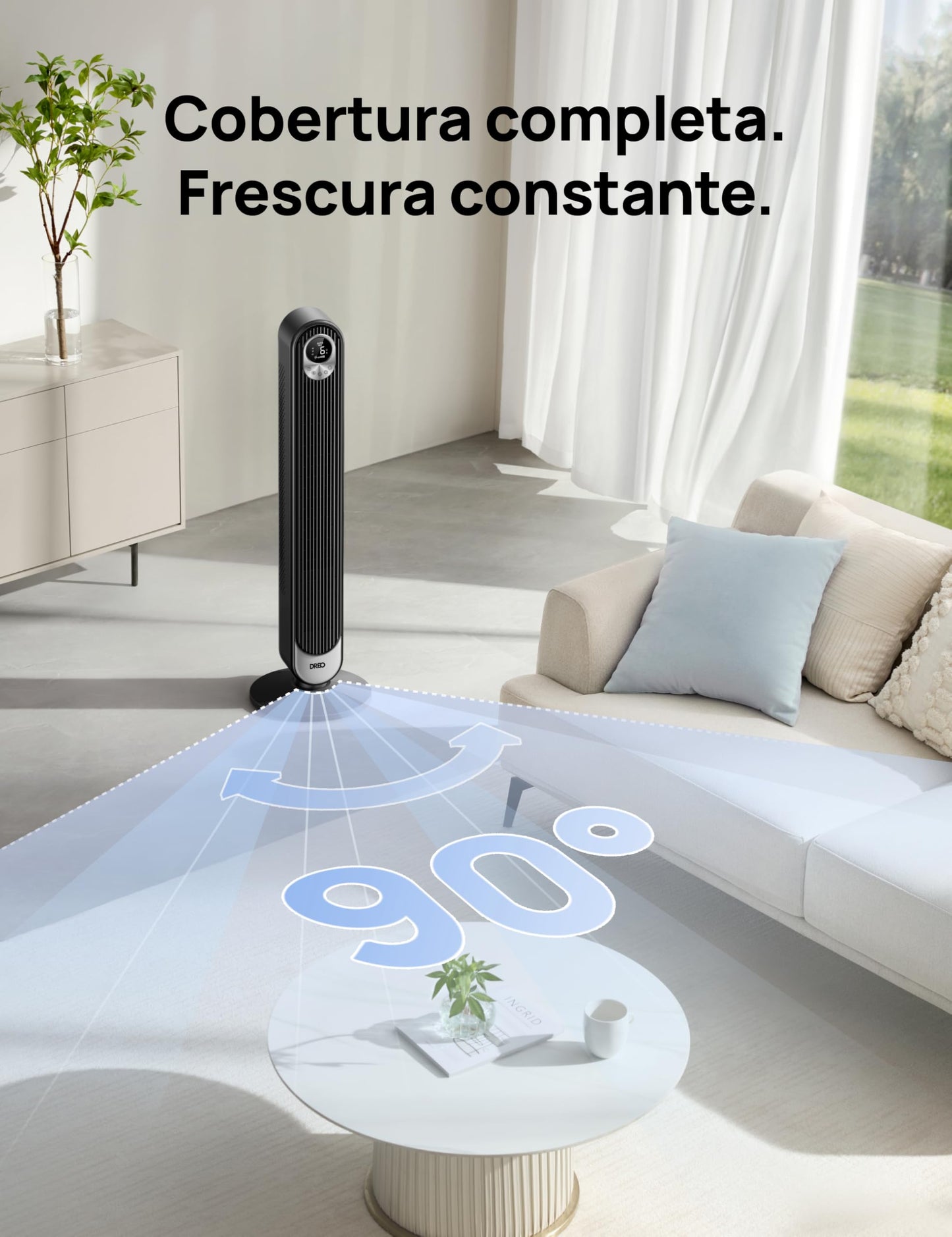 Ventilador de Torre Silencioso de 50 W con Control Remoto, Oscilación de 90°, 6 Velocidades, 4 Modos y Temporizador de 12 Horas – Color Negro