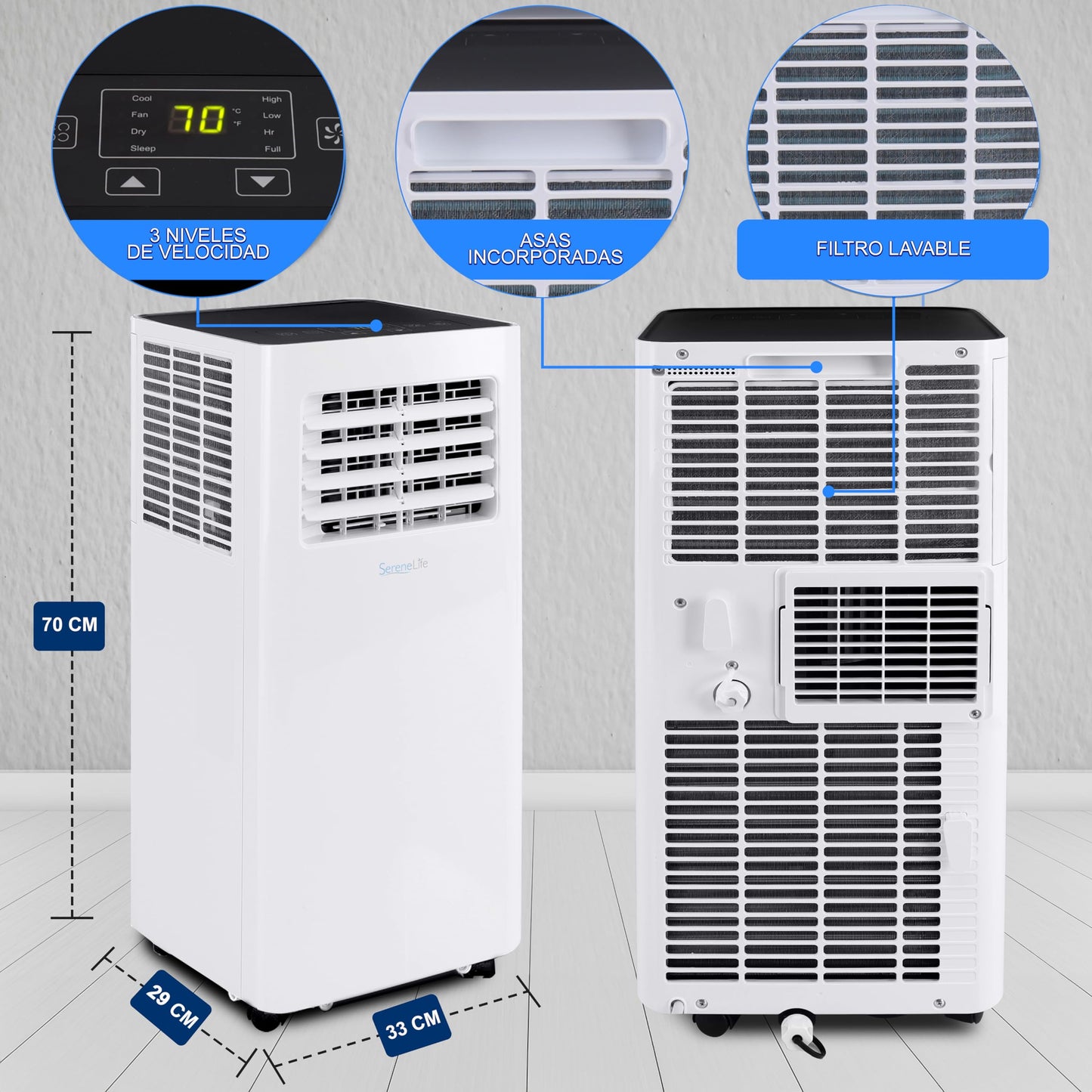 Aire Acondicionado Portátil 10.000 BTU con Control Remoto, WiFi, Deshumidificador, Ventilador y Temporizador – SereneLife SLPAC105WEU, Blanco
