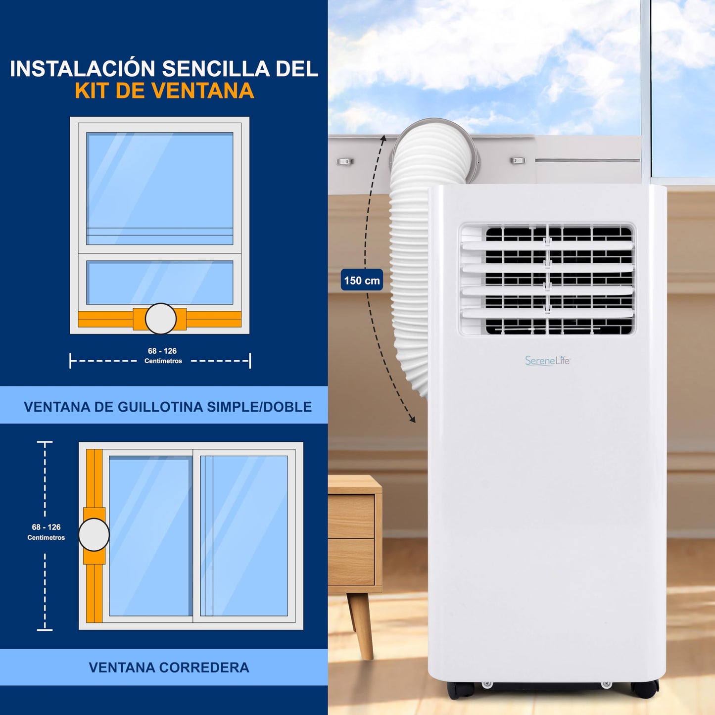 Aire Acondicionado Portátil 10.000 BTU con Control Remoto, WiFi, Deshumidificador, Ventilador y Temporizador – SereneLife SLPAC105WEU, Blanco
