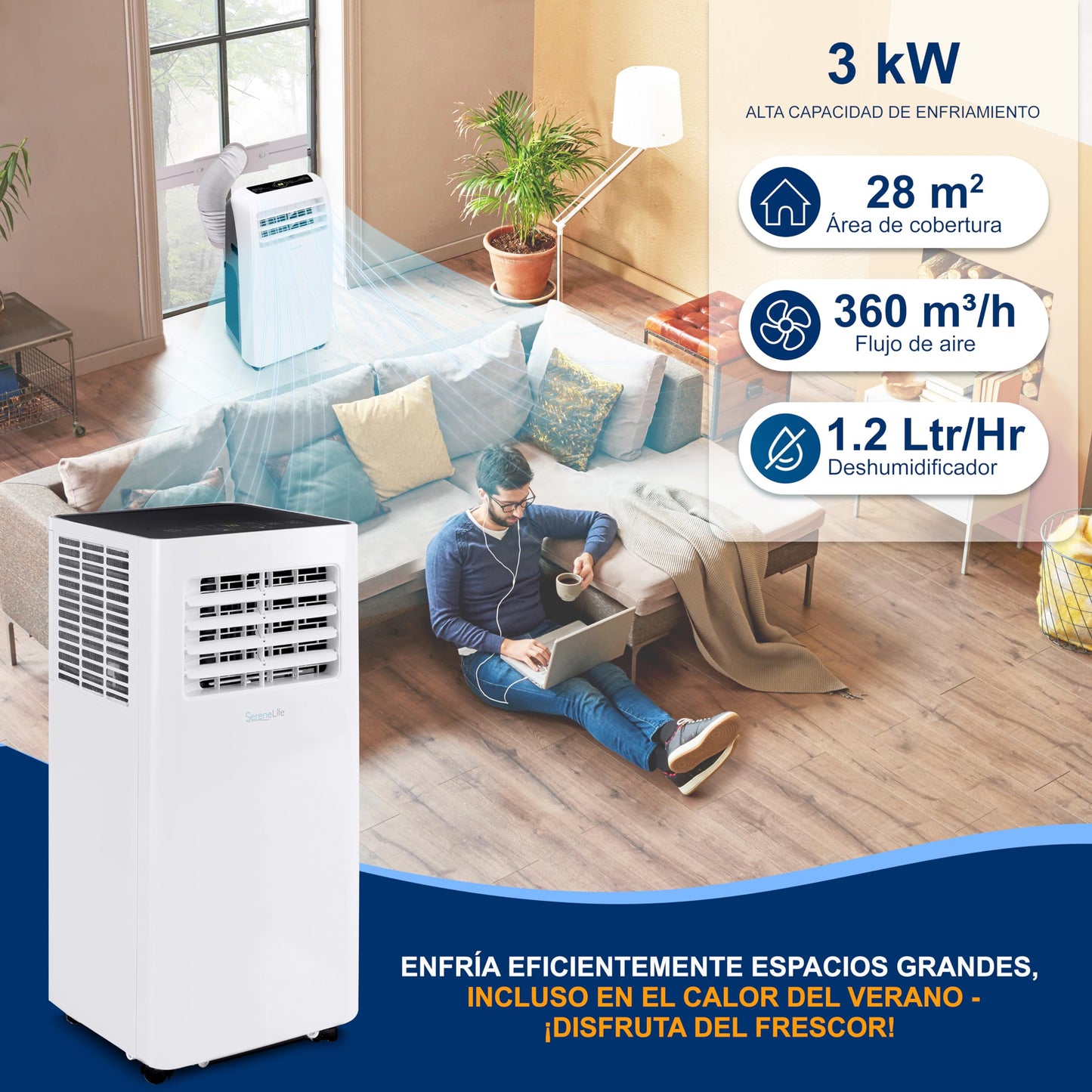 Aire Acondicionado Portátil 10.000 BTU con Control Remoto, WiFi, Deshumidificador, Ventilador y Temporizador – SereneLife SLPAC105WEU, Blanco