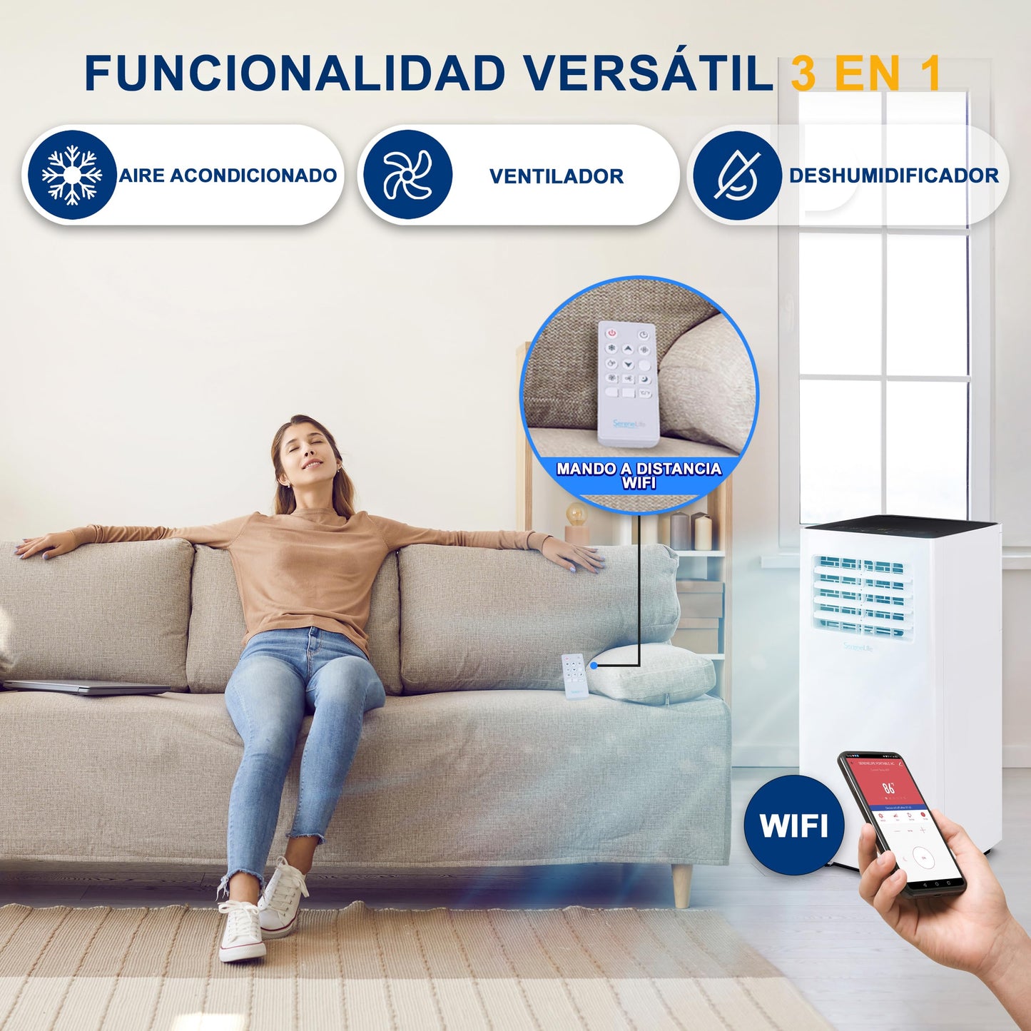 Aire Acondicionado Portátil 10.000 BTU con Control Remoto, WiFi, Deshumidificador, Ventilador y Temporizador – SereneLife SLPAC105WEU, Blanco