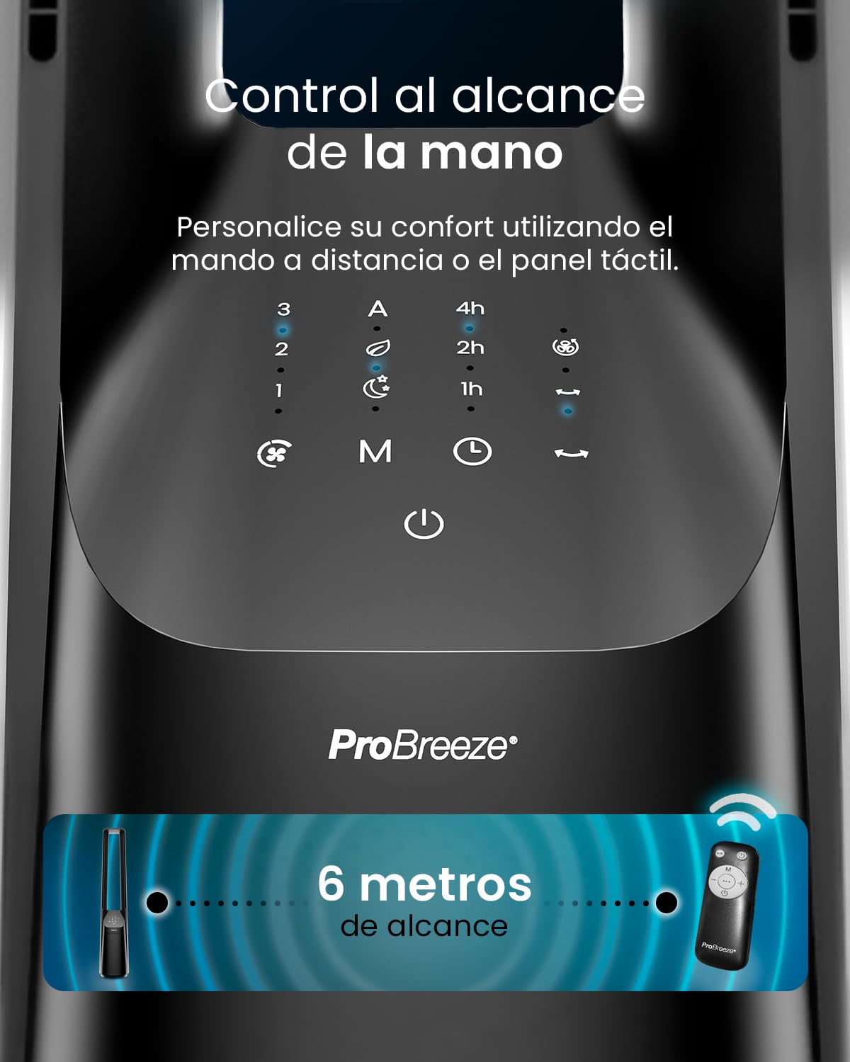 Ventilador de Torre sin Aspas 101 cm con Control Remoto, 6 Velocidades, 5 Modos, Oscilación 60° y Temporizador – Pro Breeze PB-F20, Negro