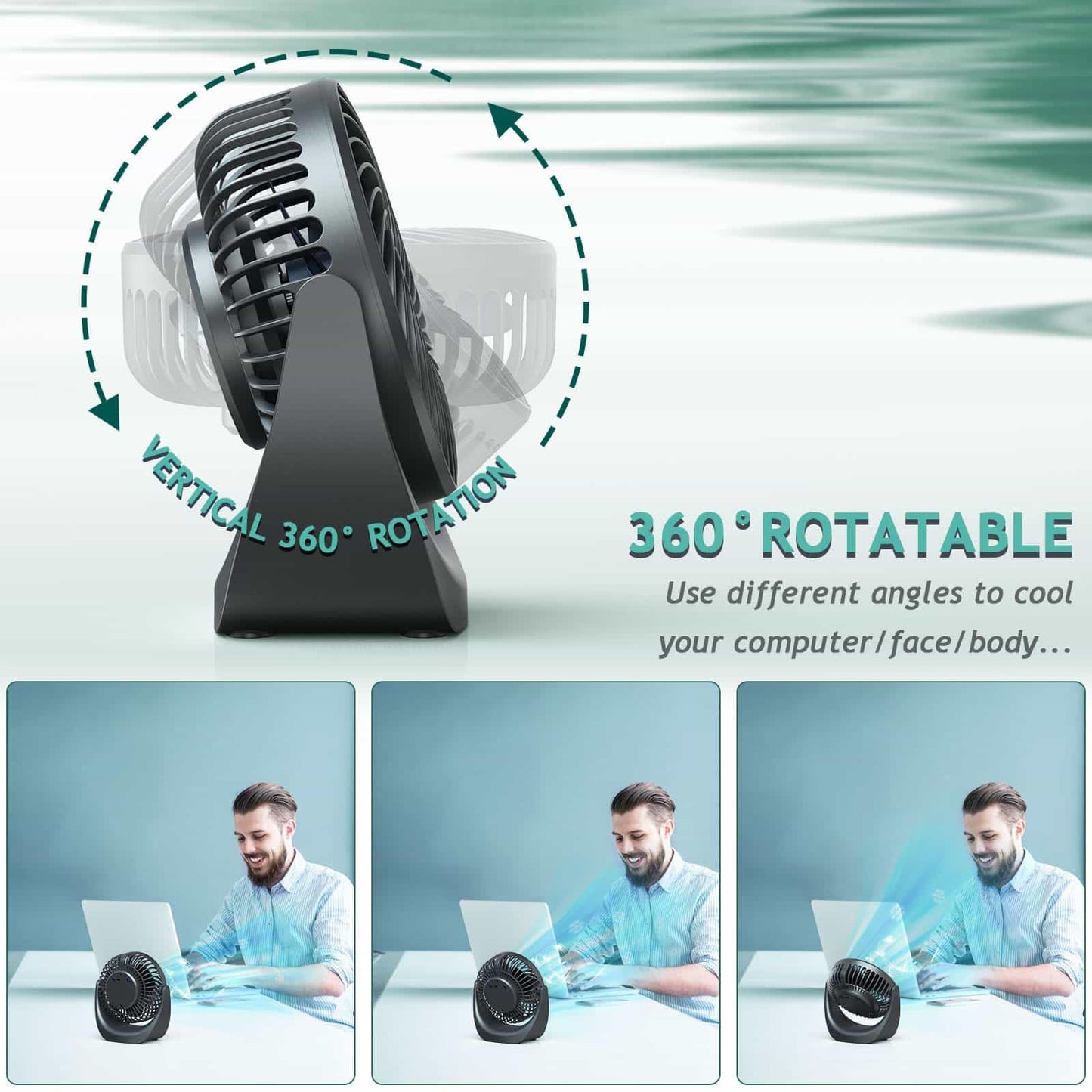 Ventilador de Mesa USB Portátil Anveltech – Mini Aire Acondicionado 4 en 1, 5 Velocidades, Rotación 360°, Batería 4000 mAh, Enfriador Evaporativo Compacto y Silencioso