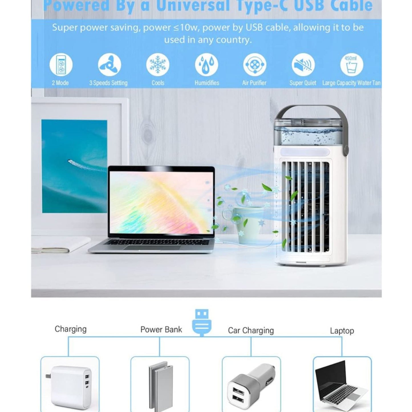 Aire Acondicionado Portátil Silencioso VVLXRIC – Enfriador de Aire con Ventilador de Hielo, 3 Velocidades, Humidificador Compacto para Oficina y Hogar