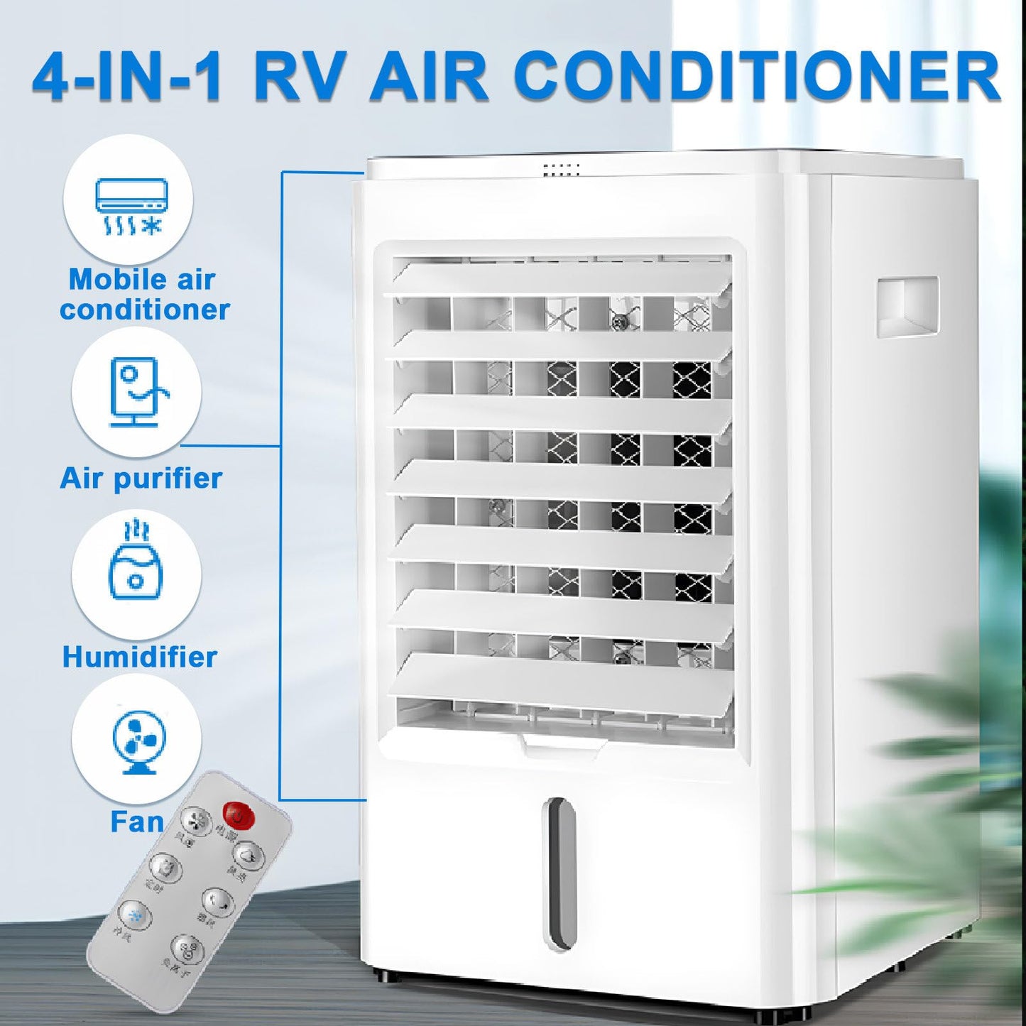 Aire Acondicionado Portátil 4 en 1 con Tanque de Agua de 4 L, Temporizador, 3 Velocidades y Control Remoto – Pedenencelia, 24 V