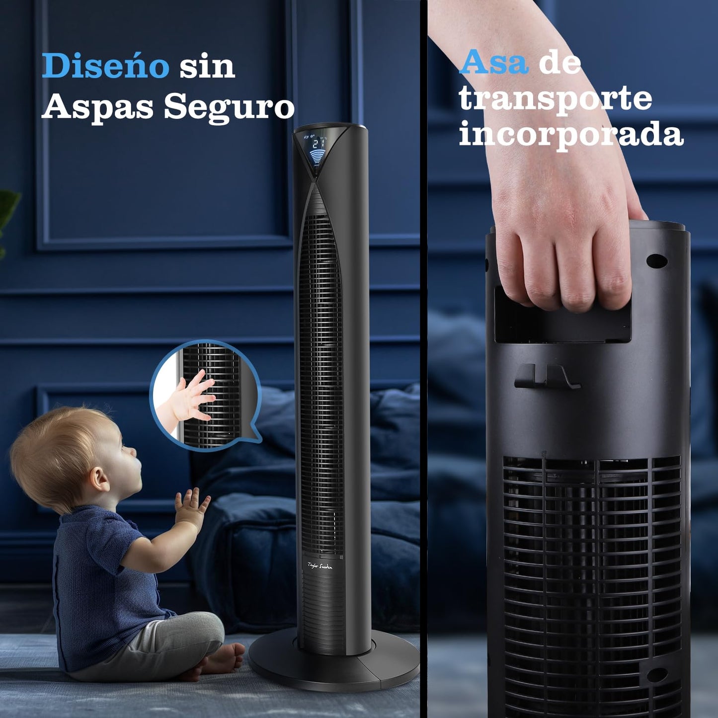 Ventilador de Torre Taylor Swoden 28 dB con Mando a Distancia, Pantalla LED y Temporizador 12 h – Oscilante 70°, 4 Modos, 3 Velocidades, Altura 96 cm, 45 W
