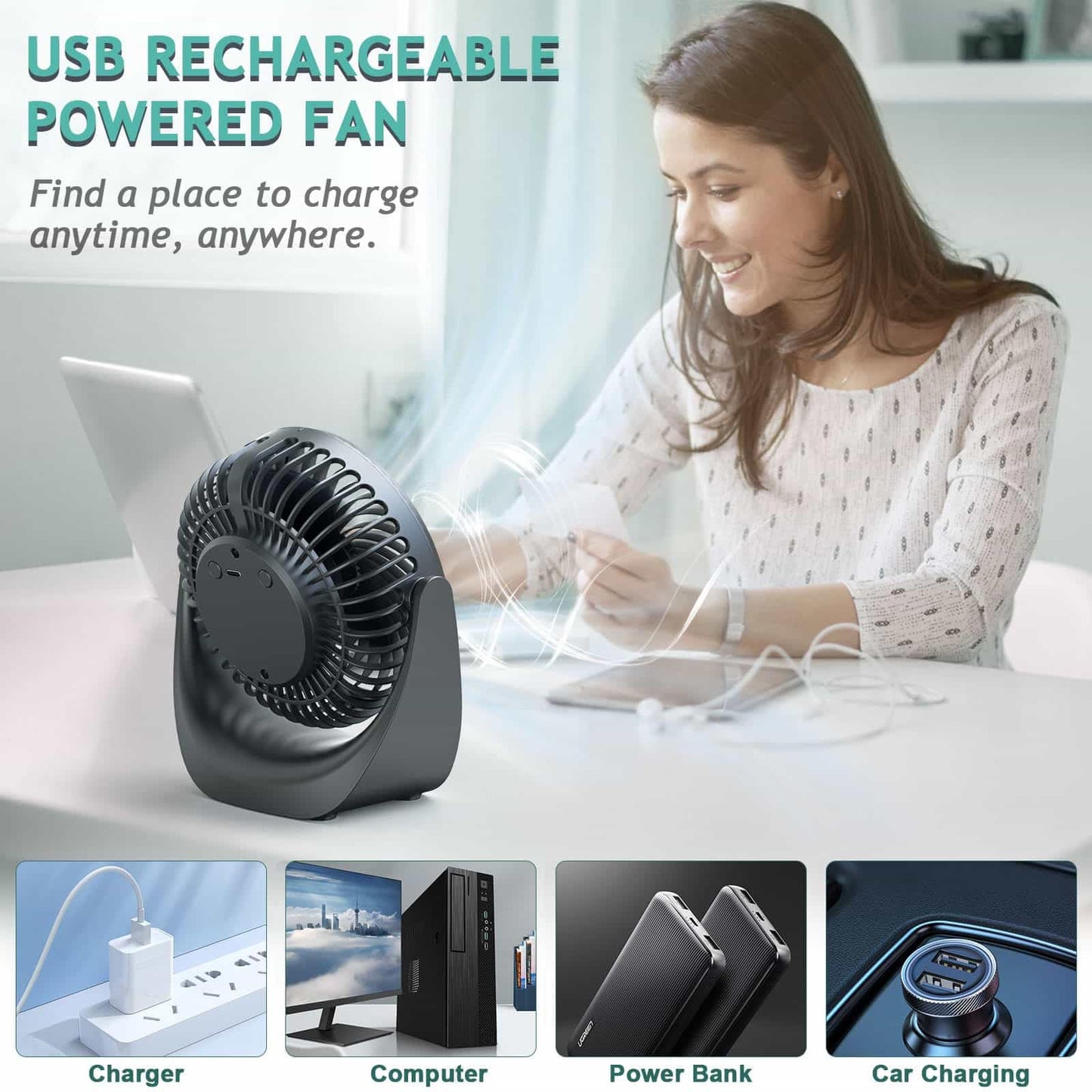 Ventilador de Mesa USB Portátil Anveltech – Mini Aire Acondicionado 4 en 1, 5 Velocidades, Rotación 360°, Batería 4000 mAh, Enfriador Evaporativo Compacto y Silencioso