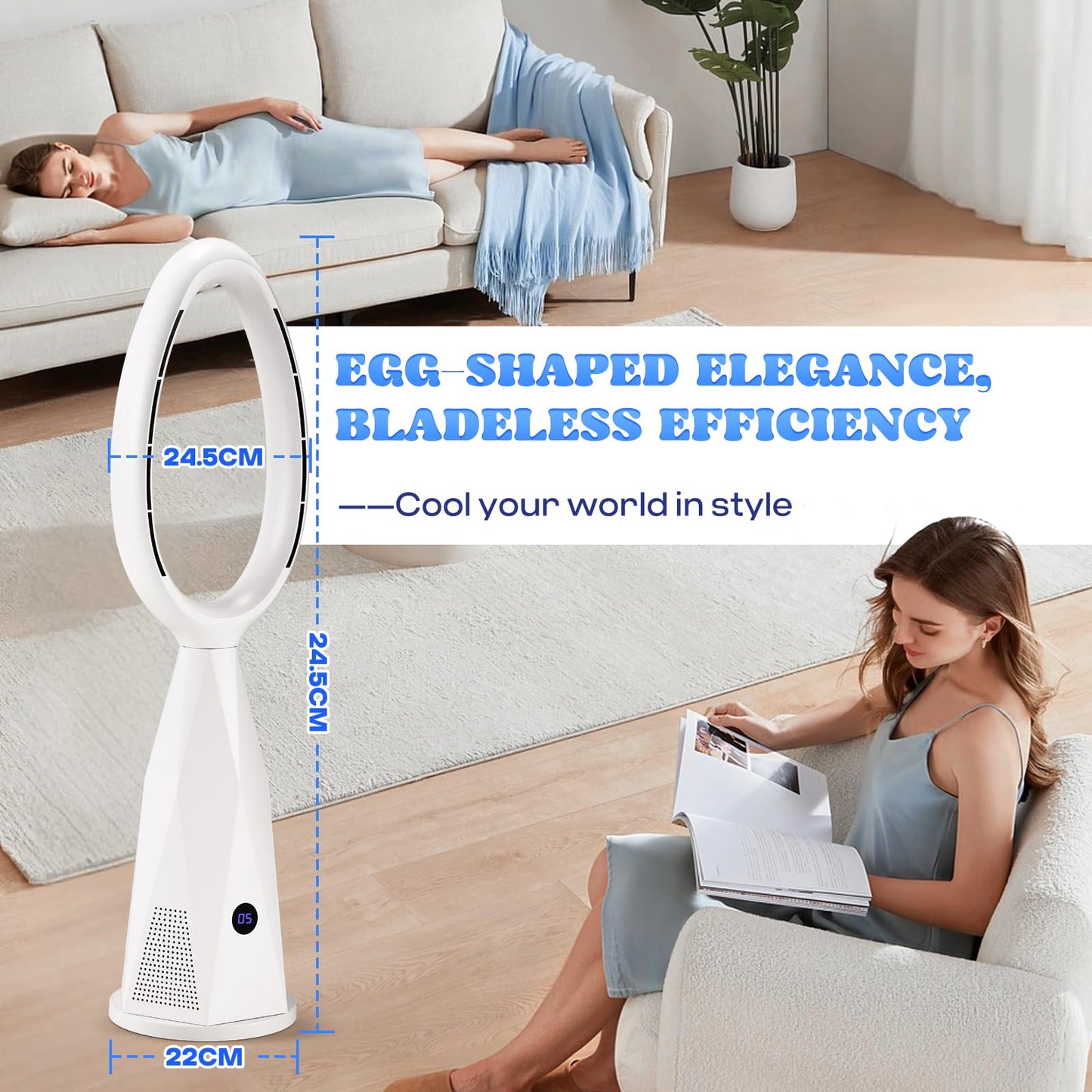 Ventilador de Torre sin Aspas 46" con Calefacción, Filtro HEPA13, Control Remoto, Oscilación de 80° y Temporizador – Moongiantgo MG-DK, Blanco