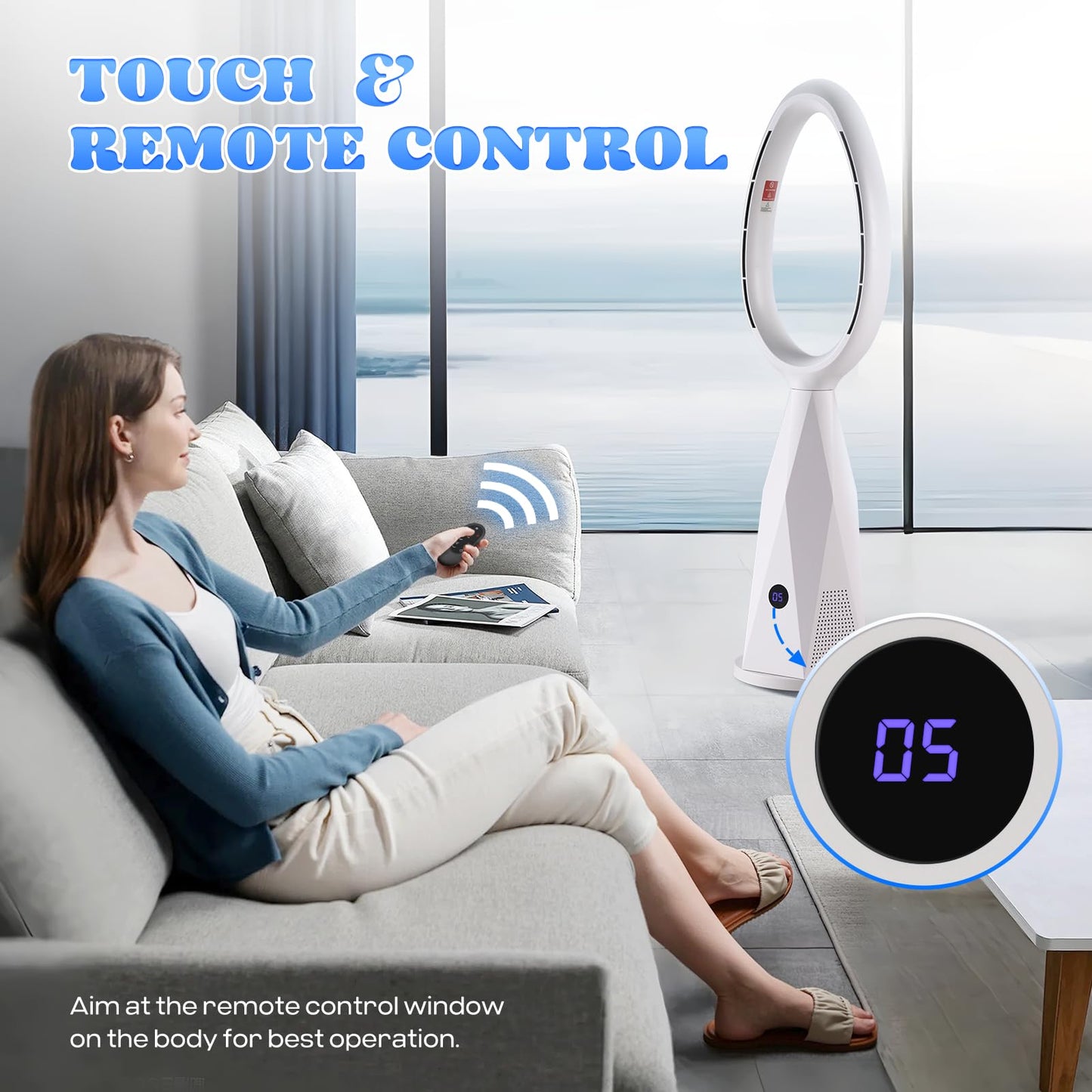 Ventilador de Torre sin Aspas 46" con Calefacción, Filtro HEPA13, Control Remoto, Oscilación de 80° y Temporizador – Moongiantgo MG-DK, Blanco