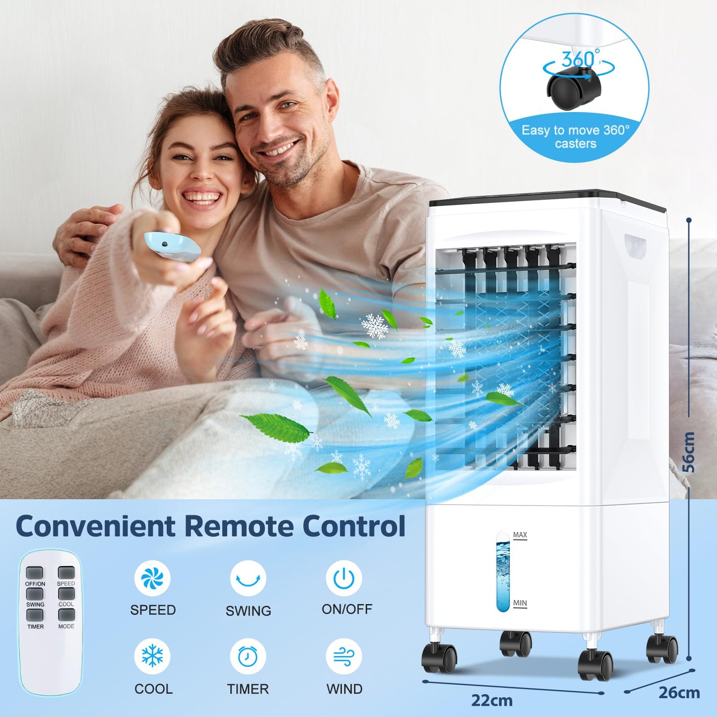 Climatizador Evaporativo Portátil 4 en 1 con Tanque de Agua de 6 L, Eysddifr, Control Remoto, Temporizador 1–7H, 3 Velocidades, Oscilación 60°, Bajo Consumo – Ideal para el Hogar
