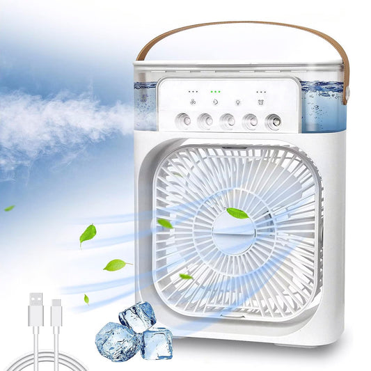 Ventilador USB-C Mini con Nebulizador y Difusor de Aromas – Portátil, Silencioso, con Temporizador, 3 Velocidades, Rotación 360°, Luces LED 7 Colores – Ideal para Hogar, Oficina o Camping