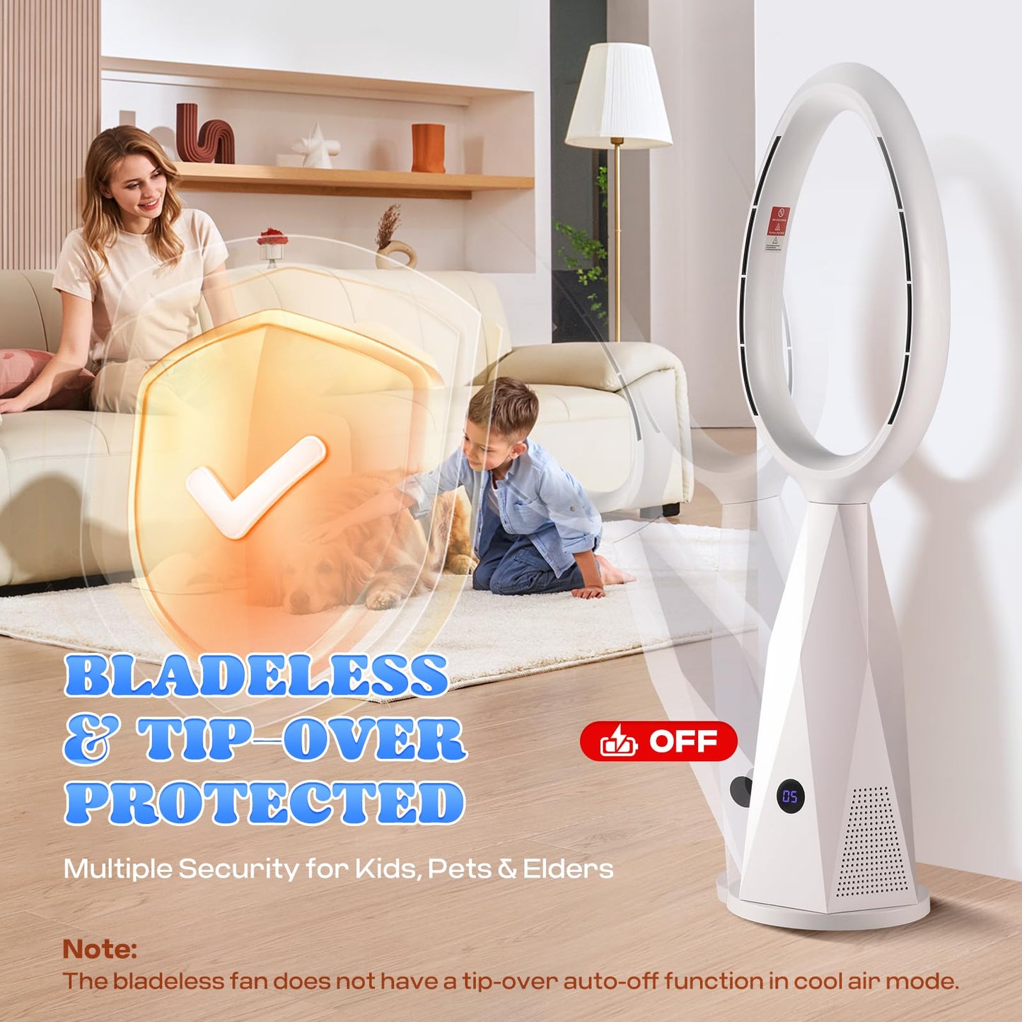 Ventilador de Torre sin Aspas 46" con Calefacción, Filtro HEPA13, Control Remoto, Oscilación de 80° y Temporizador – Moongiantgo MG-DK, Blanco