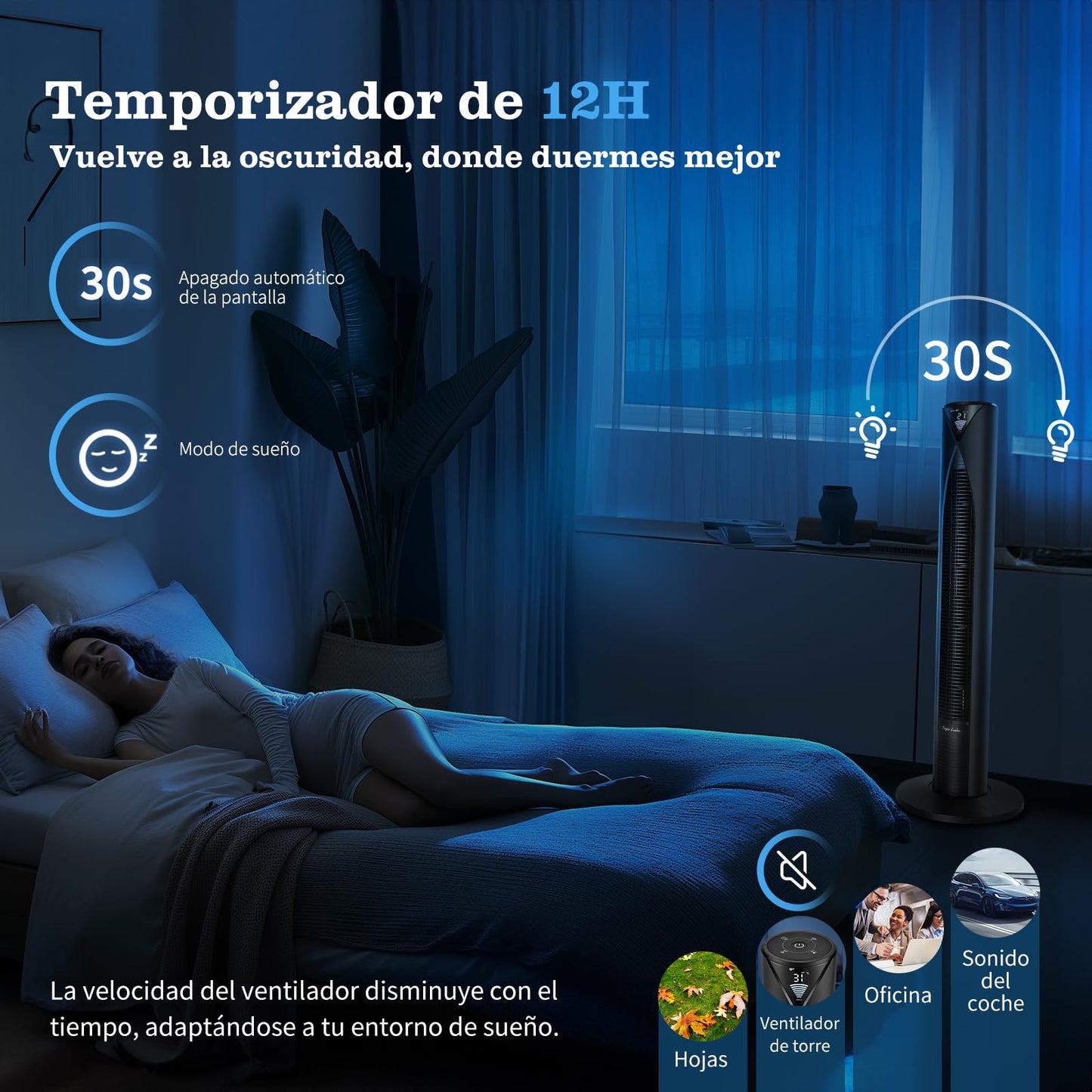 Ventilador de Torre Taylor Swoden 28 dB con Mando a Distancia, Pantalla LED y Temporizador 12 h – Oscilante 70°, 4 Modos, 3 Velocidades, Altura 96 cm, 45 W
