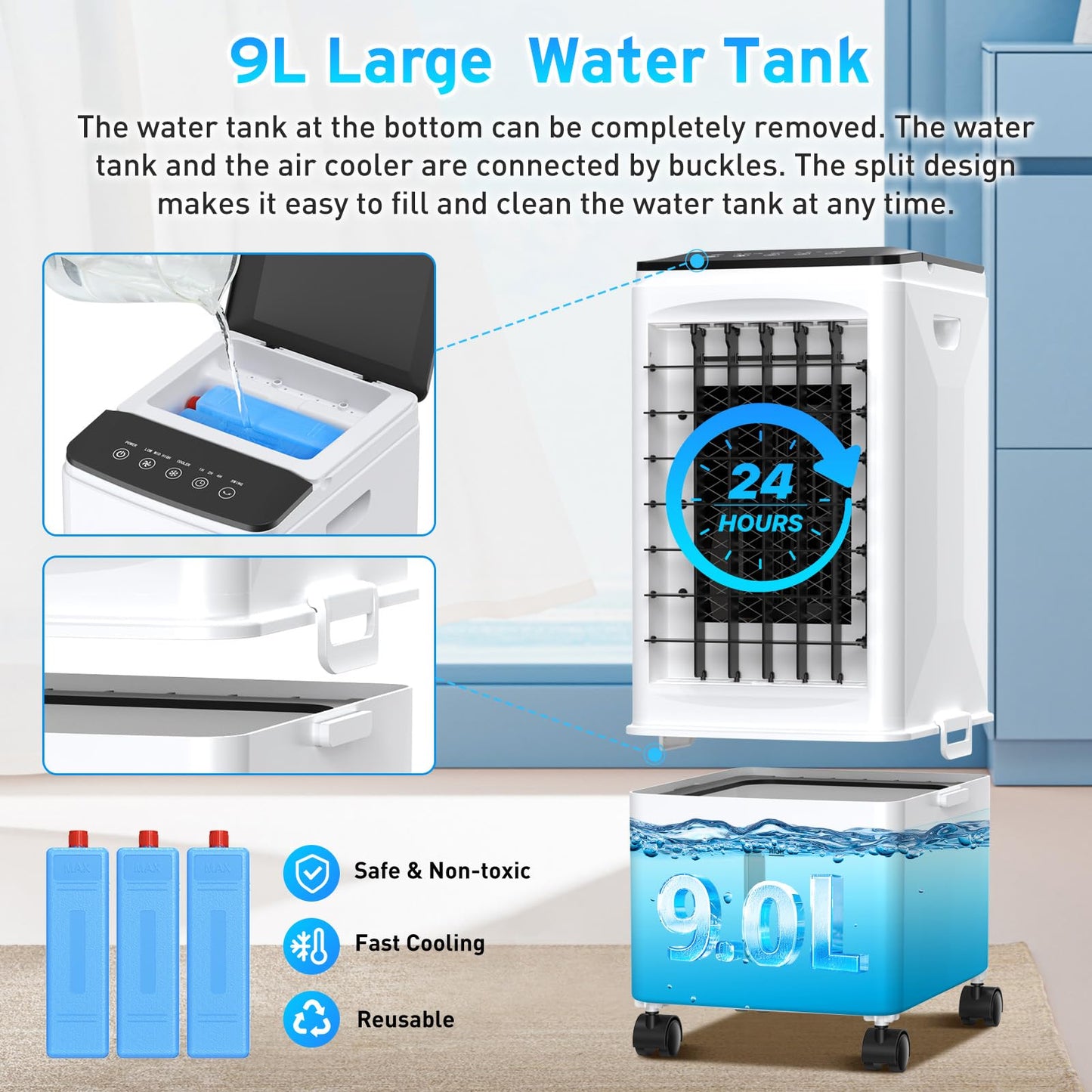 Aire Acondicionado Portátil 3 en 1 con Tanque de Agua de 9.5 L, Humidificador, Ventilador, Control Remoto, 3 Velocidades, Bajo Consumo, Temporizador 1–7H