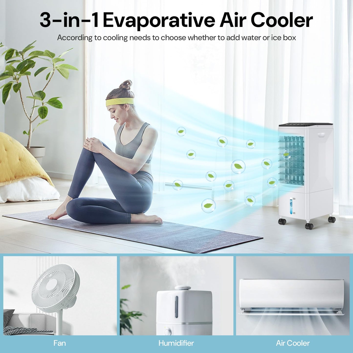 Climatizador Evaporativo Portátil 3 en 1 con Control Remoto, Temporizador, 3 Velocidades, Tanque de 5,5 L, Oscilación y Ruedas