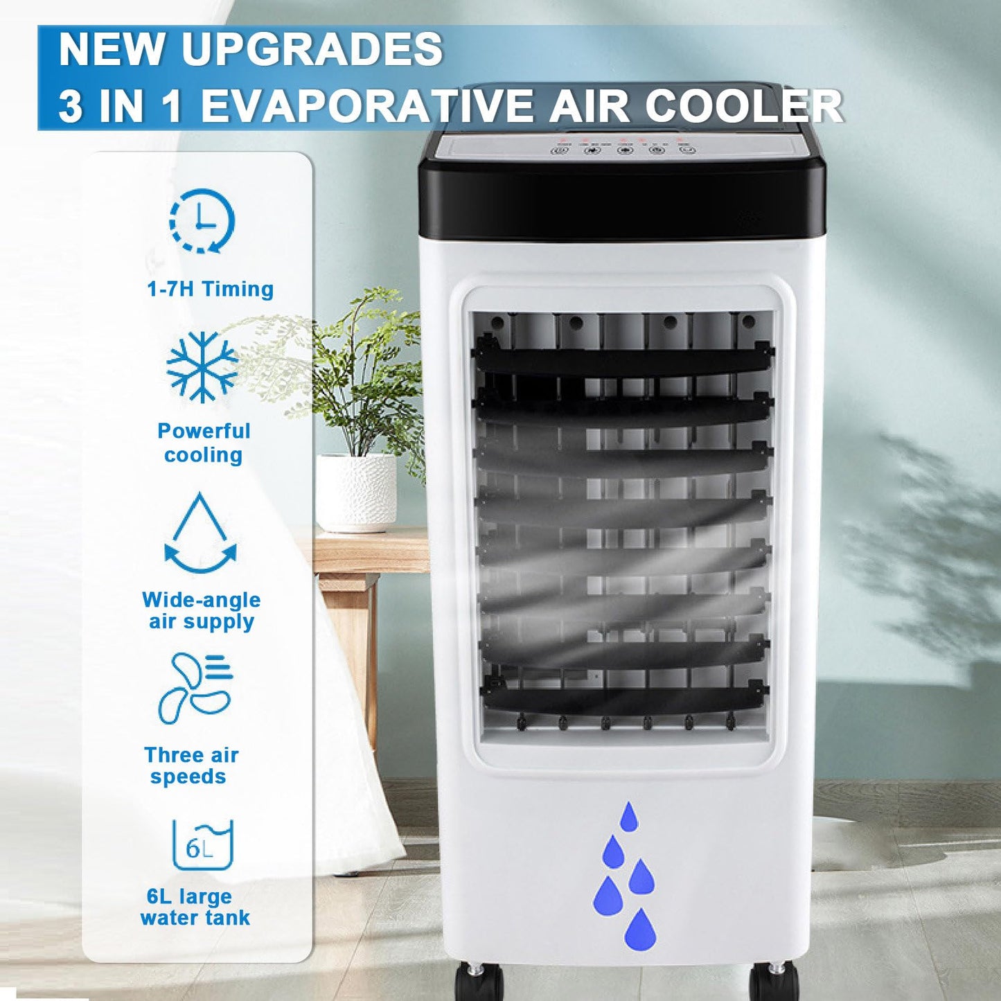 Climatizador Evaporativo Portátil 3 en 1 de 65 W con Control Remoto, Tanque Extraíble de 6 L, 4 Acumuladores de Hielo y Temporizador