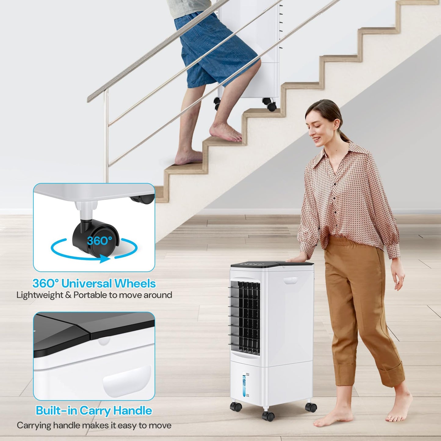 Climatizador Evaporativo Portátil 3 en 1 con Control Remoto, Temporizador, 3 Velocidades, Tanque de 5,5 L, Oscilación y Ruedas