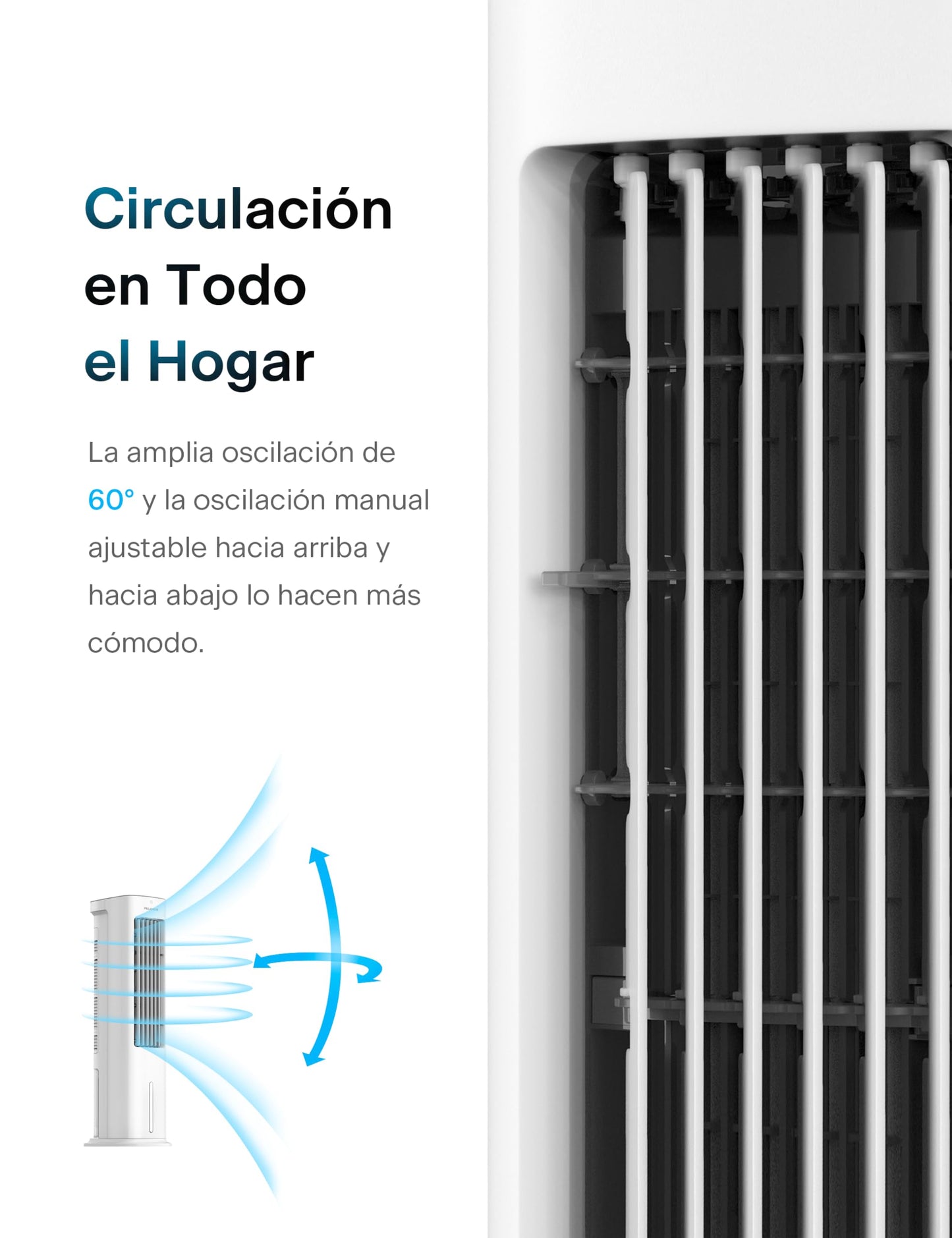 Enfriador de Aire Portátil 3 en 1 con Humidificador y Ventilador, Pelonis 55 W, Tanque de Agua 5L, Oscilación de 60°, Control Remoto, Temporizador 7H, 3 Velocidades