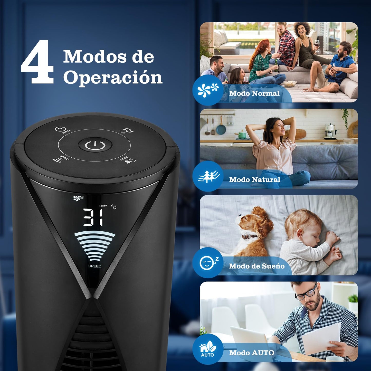 Ventilador de Torre Taylor Swoden 28 dB con Mando a Distancia, Pantalla LED y Temporizador 12 h – Oscilante 70°, 4 Modos, 3 Velocidades, Altura 96 cm, 45 W