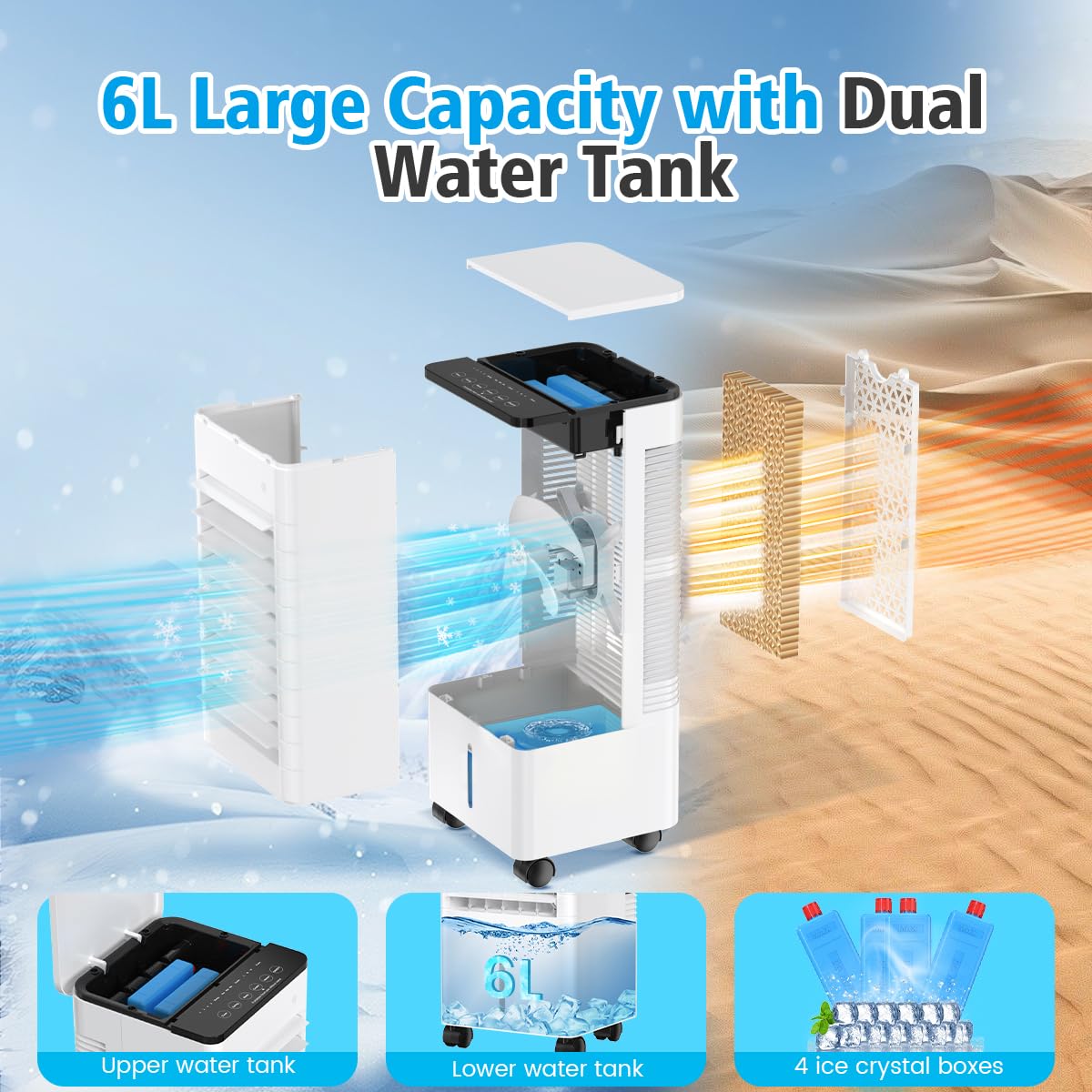 Aire Acondicionado Portátil 3 en 1 con Humidificador y Ventilador, 6L, Silencioso, Bajo Consumo, 3 Velocidades, Control Remoto, Temporizador 15H – Ideal para Hogar u Oficina