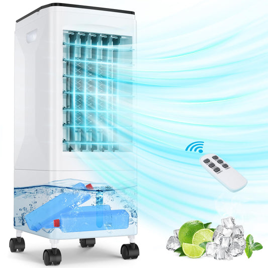 Climatizador Evaporativo Portátil 3 en 1 con Control Remoto, Temporizador, 3 Velocidades, Tanque de 5,5 L, Oscilación y Ruedas