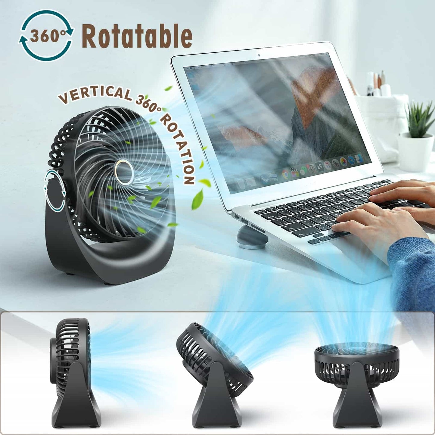 Ventilador de Mesa USB Portátil Anveltech – Mini Aire Acondicionado 4 en 1, 5 Velocidades, Rotación 360°, Batería 4000 mAh, Enfriador Evaporativo Compacto y Silencioso