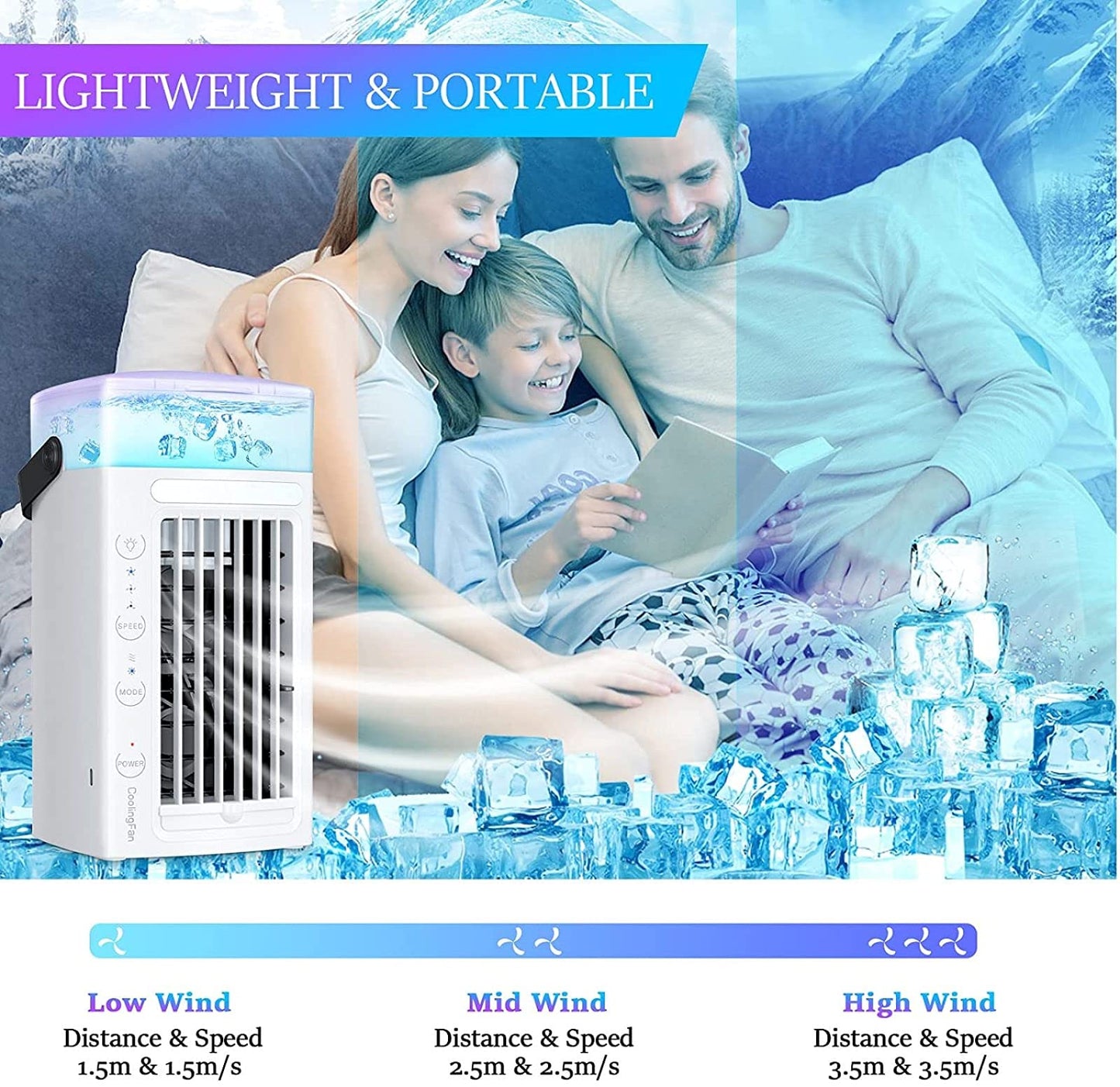 Aire Acondicionado Portátil Silencioso VVLXRIC – Enfriador de Aire con Ventilador de Hielo, 3 Velocidades, Humidificador Compacto para Oficina y Hogar
