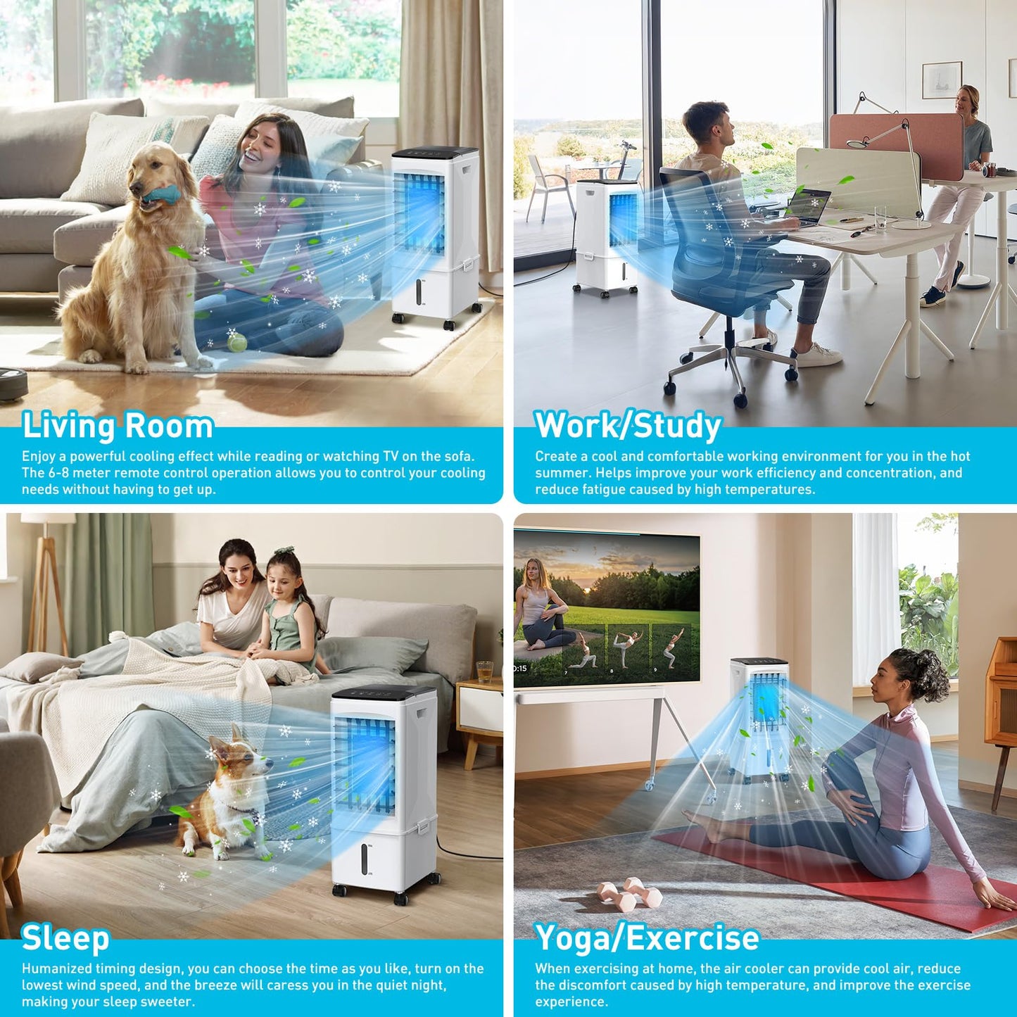 Aire Acondicionado Portátil 3 en 1 con Tanque de Agua de 9.5 L, Humidificador, Ventilador, Control Remoto, 3 Velocidades, Bajo Consumo, Temporizador 1–7H