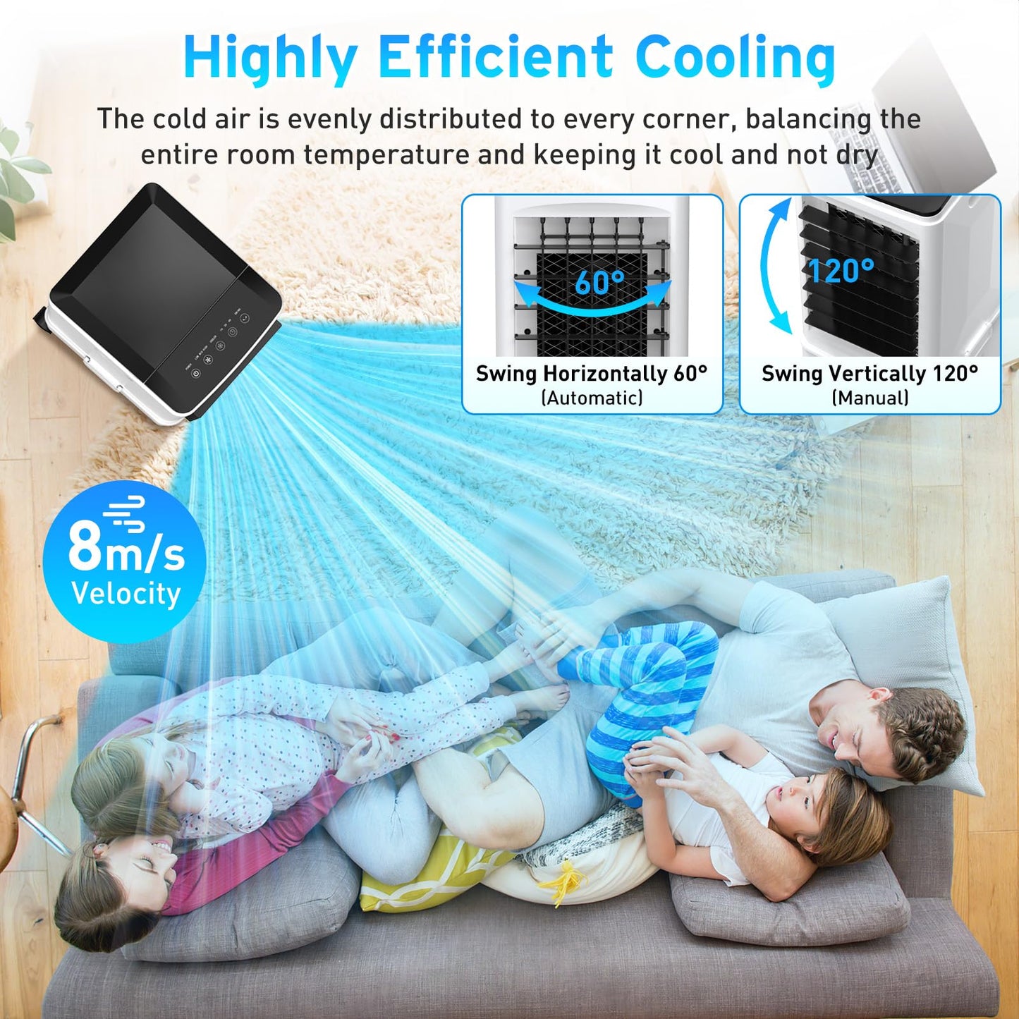 Aire Acondicionado Portátil 3 en 1 con Tanque de Agua de 9.5 L, Humidificador, Ventilador, Control Remoto, 3 Velocidades, Bajo Consumo, Temporizador 1–7H