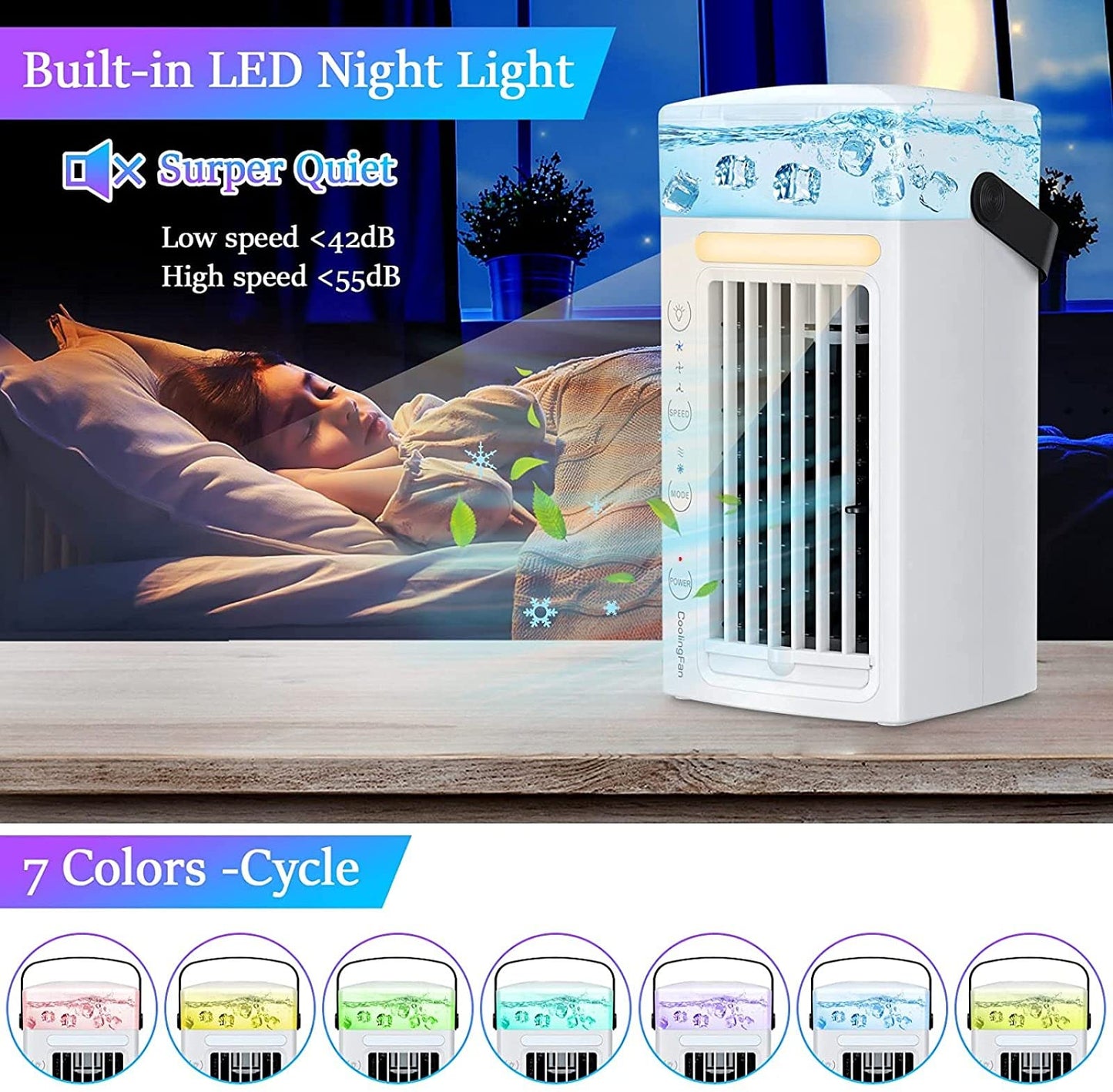 Aire Acondicionado Portátil Silencioso VVLXRIC – Enfriador de Aire con Ventilador de Hielo, 3 Velocidades, Humidificador Compacto para Oficina y Hogar