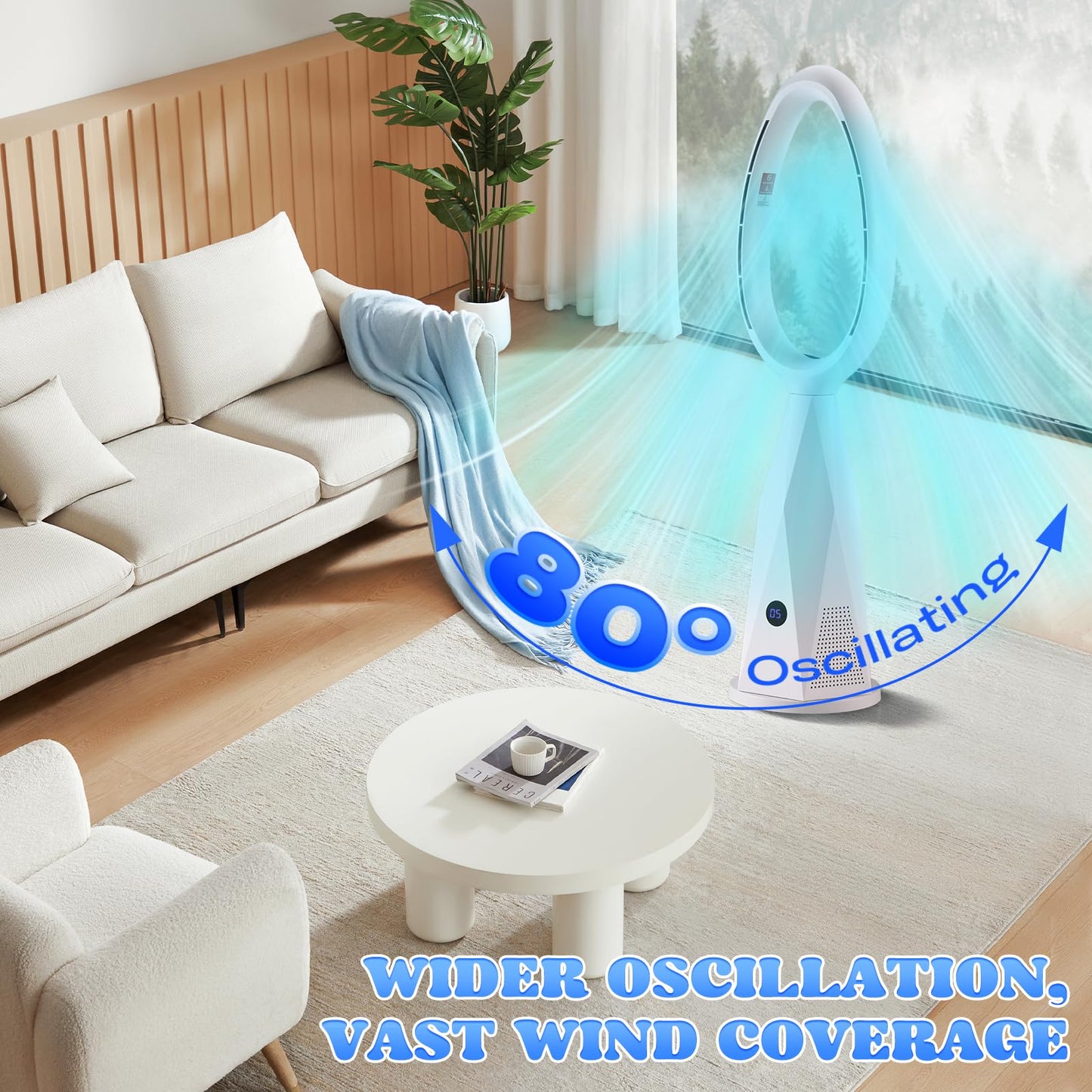 Ventilador de Torre sin Aspas 46" con Calefacción, Filtro HEPA13, Control Remoto, Oscilación de 80° y Temporizador – Moongiantgo MG-DK, Blanco