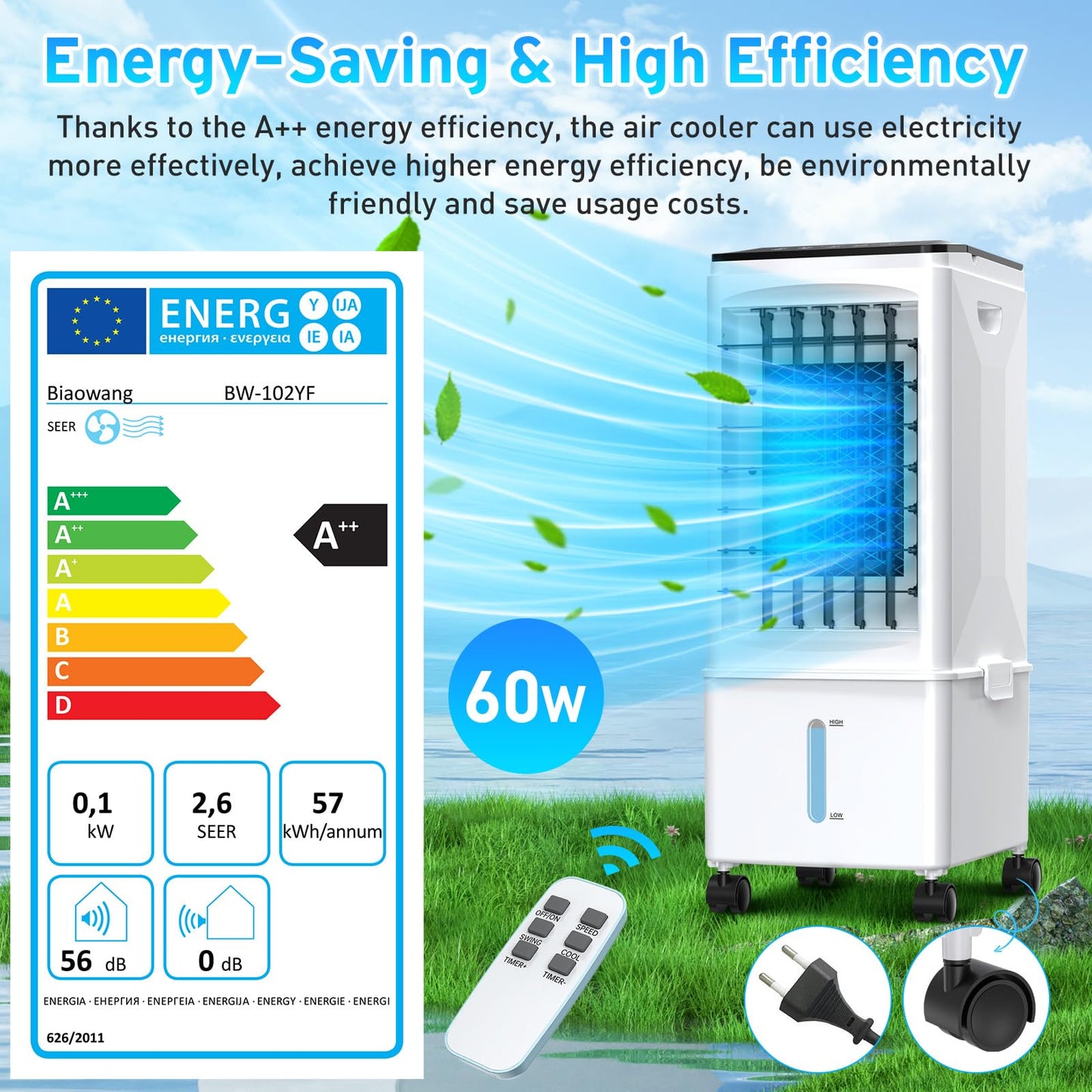 Aire Acondicionado Portátil 3 en 1 con Tanque de Agua de 9.5 L, Humidificador, Ventilador, Control Remoto, 3 Velocidades, Bajo Consumo, Temporizador 1–7H