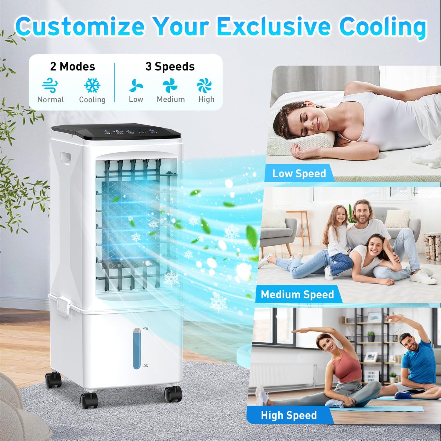 Aire Acondicionado Portátil 3 en 1 con Tanque de Agua de 9.5 L, Humidificador, Ventilador, Control Remoto, 3 Velocidades, Bajo Consumo, Temporizador 1–7H