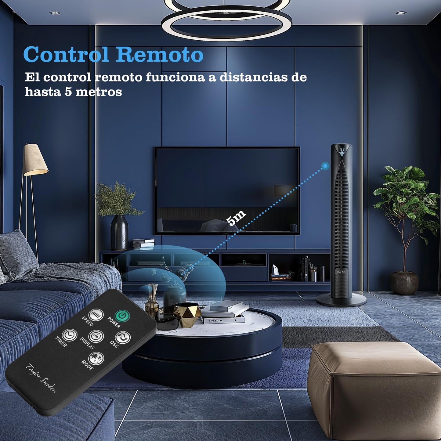 Ventilador de Torre Taylor Swoden 28 dB con Mando a Distancia, Pantalla LED y Temporizador 12 h – Oscilante 70°, 4 Modos, 3 Velocidades, Altura 96 cm, 45 W