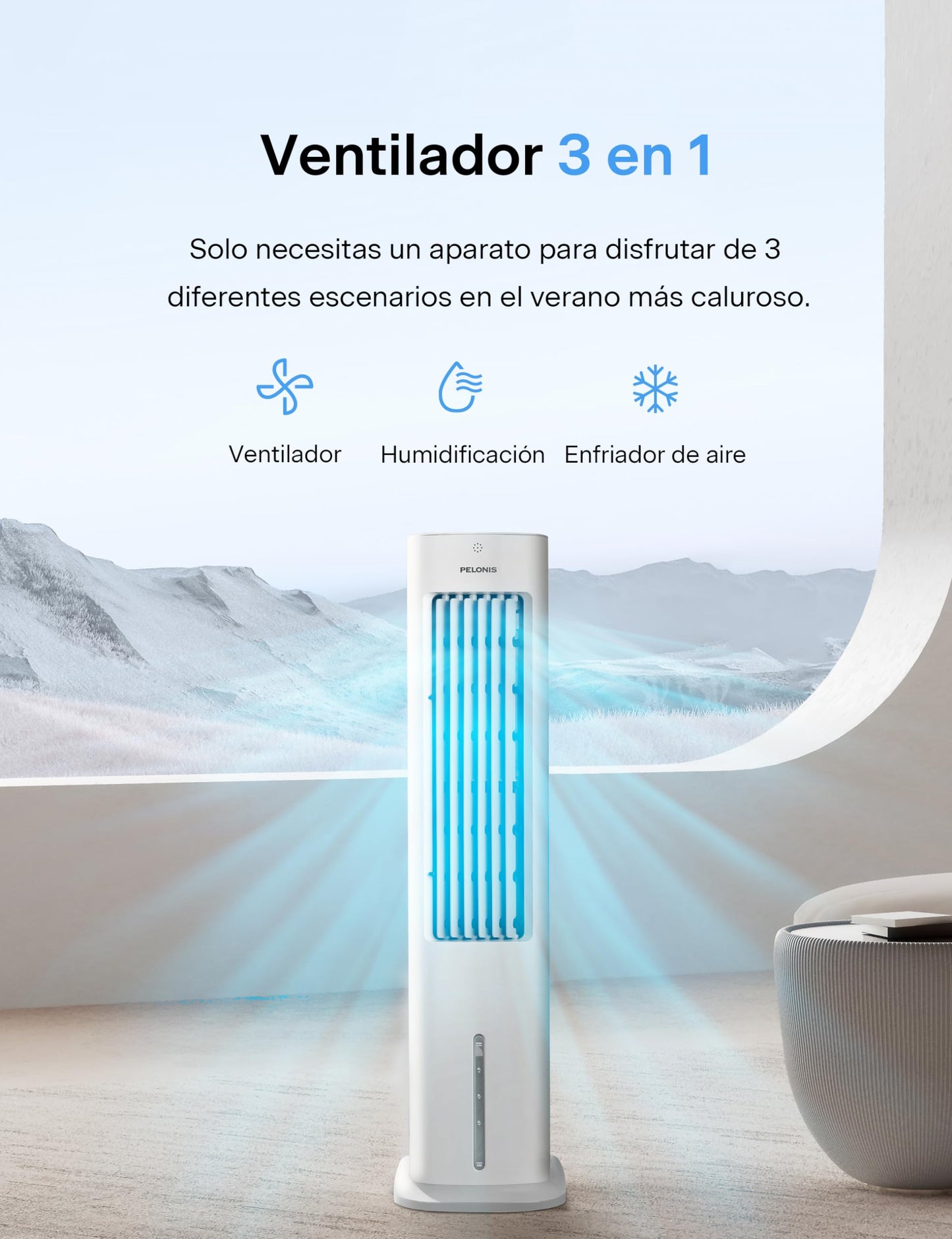 Enfriador de Aire Portátil 3 en 1 con Humidificador y Ventilador, Pelonis 55 W, Tanque de Agua 5L, Oscilación de 60°, Control Remoto, Temporizador 7H, 3 Velocidades